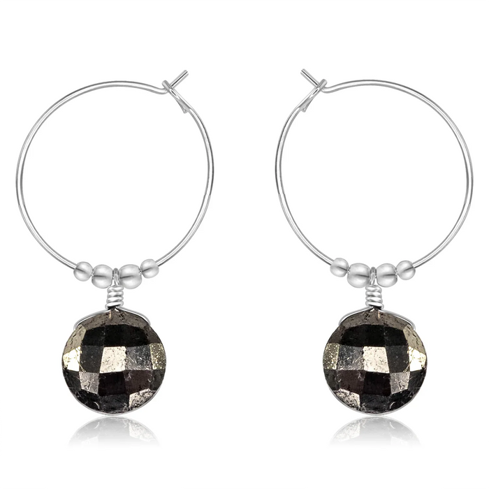 Faceted Pyrite Crystal Circle Dangle Hoop Earrings