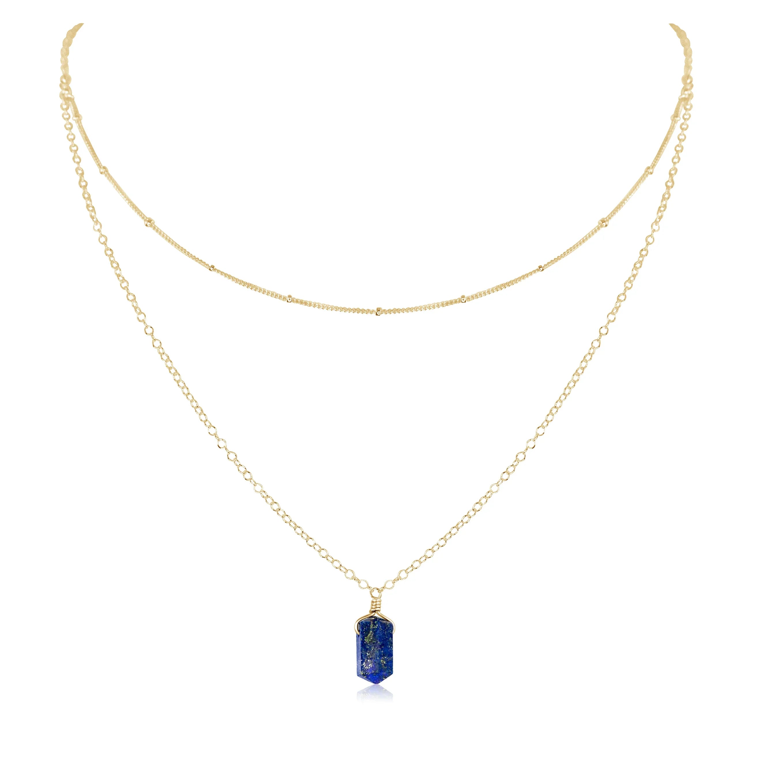 Lapis Lazuli Double Terminated Crystal Chain Layered Choker Necklace