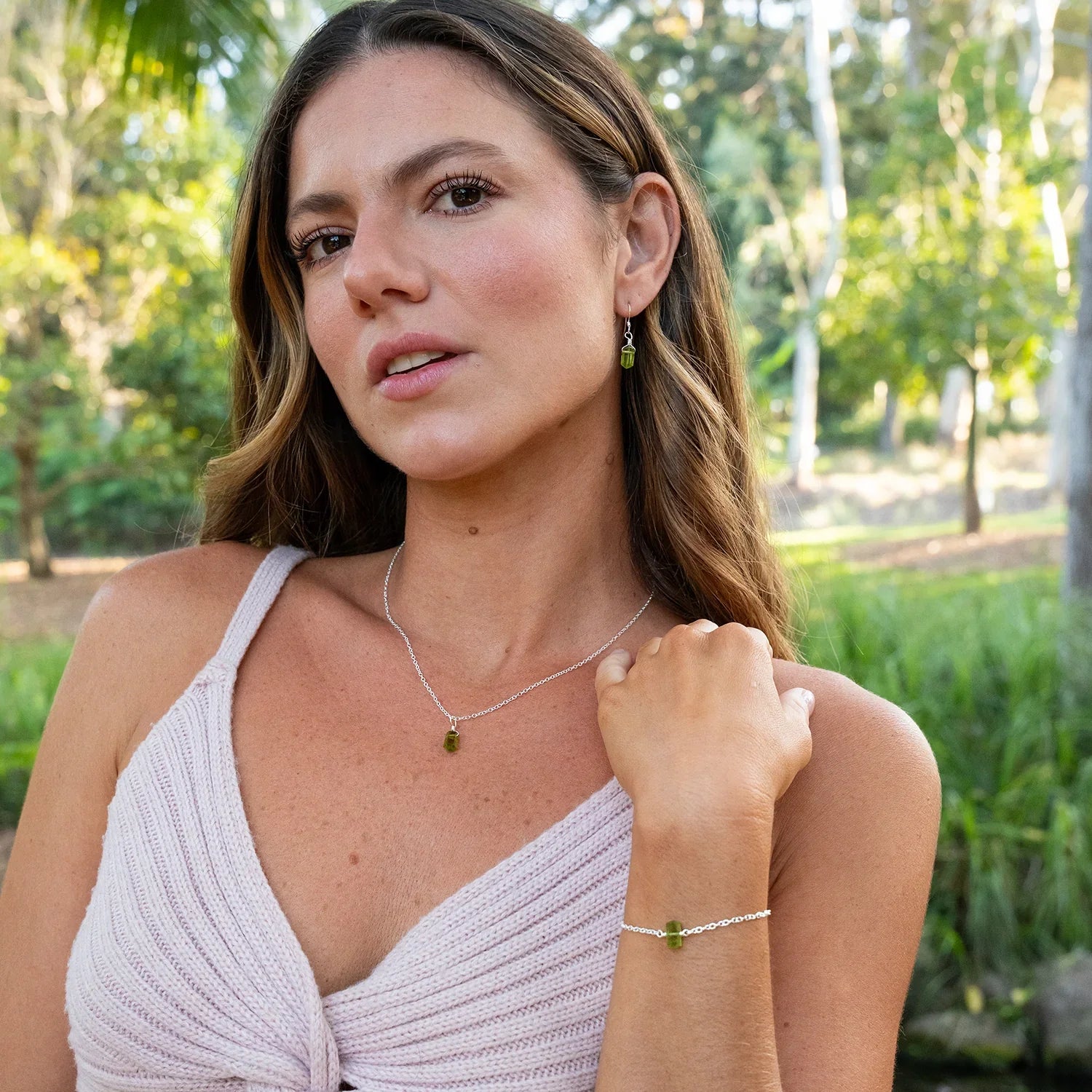 Peridot Double Terminated Mini Crystal Point Bracelet