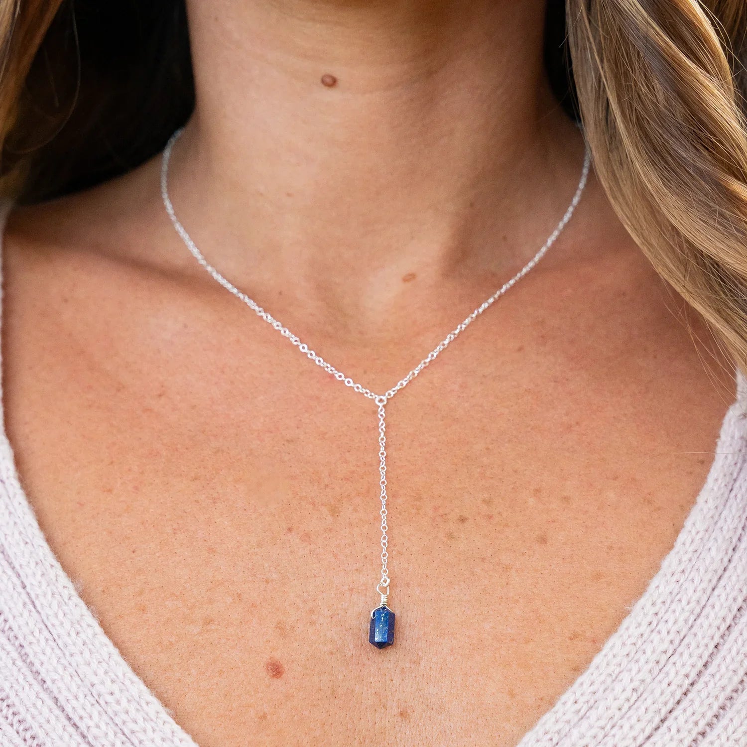 Lapis Lazuli Double Terminated Mini Crystal Point Lariat Necklace