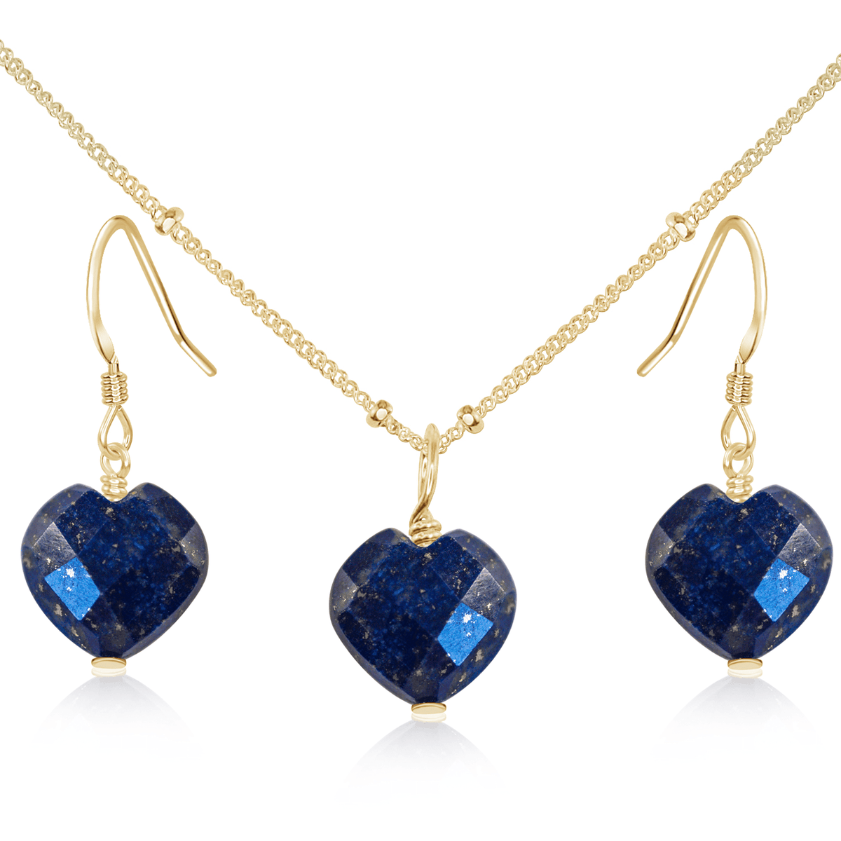 Lapis Lazuli Crystal Heart Jewellery Set - Lapis Lazuli Crystal Heart Jewellery Set - 14k Gold Fill / Satellite / Necklace & Earrings - Luna Tide Handmade Crystal Jewellery