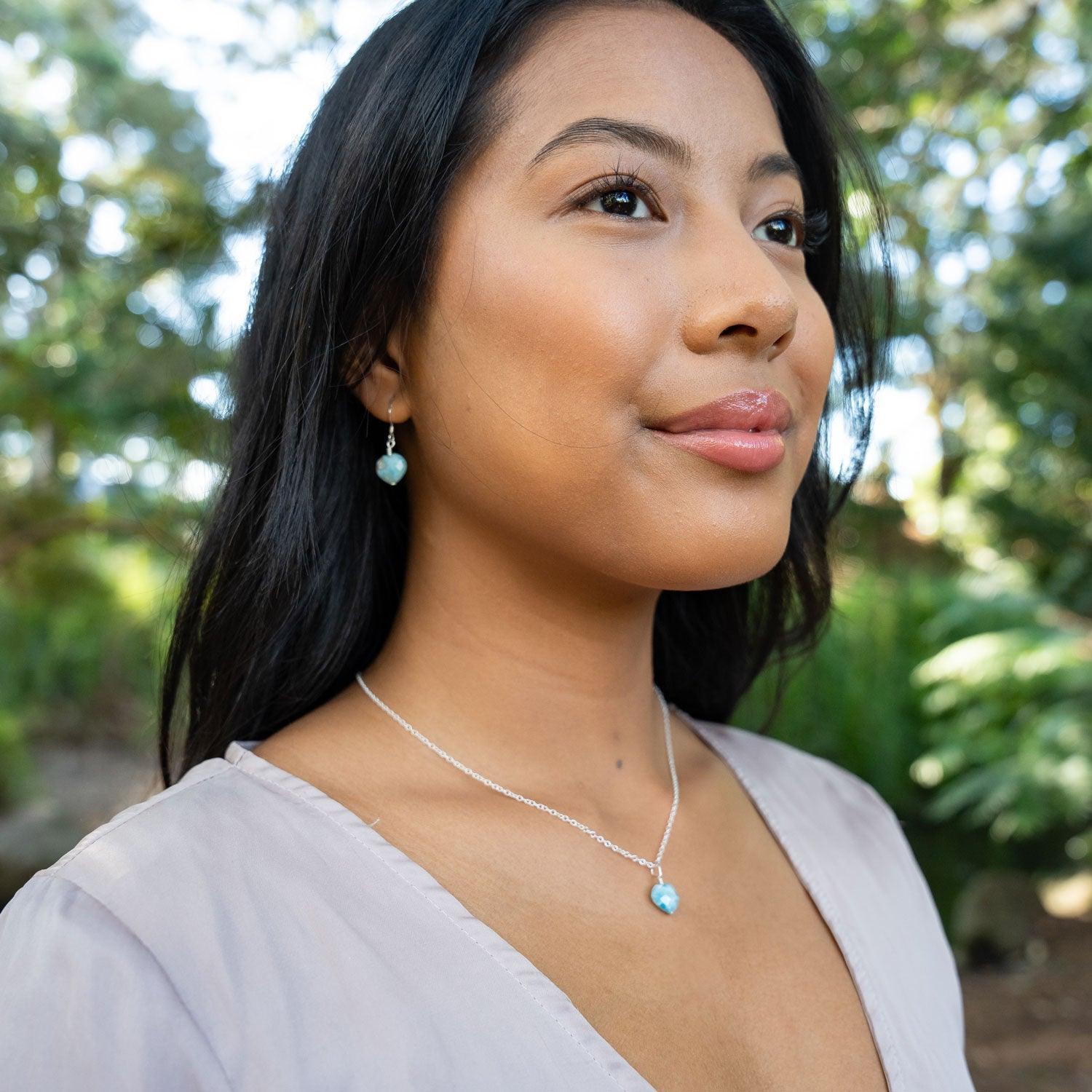 Larimar Crystal Heart Jewellery Set - Larimar Crystal Heart Jewellery Set - Sterling Silver / Cable / Necklace & Earrings & Bracelet - Luna Tide Handmade Crystal Jewellery