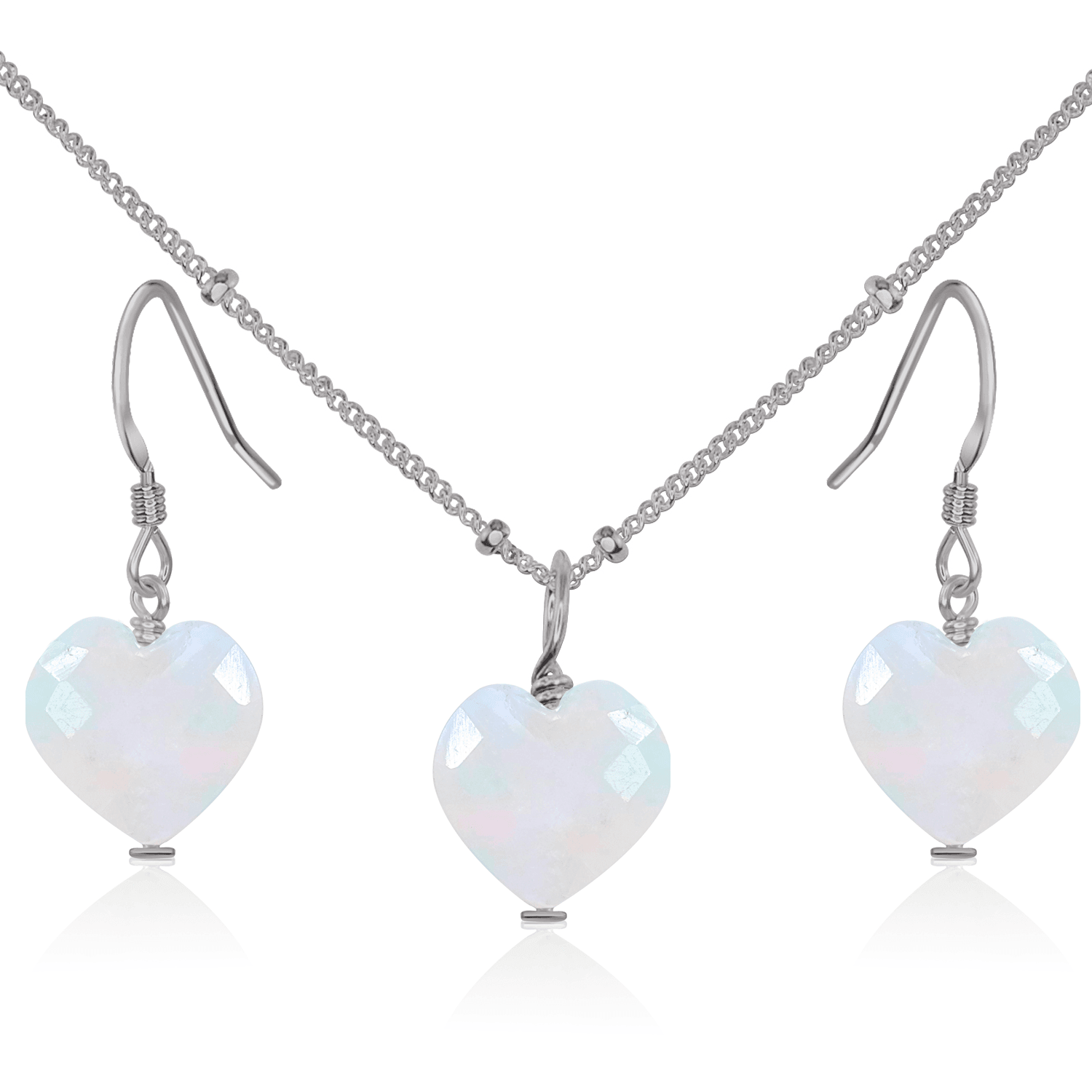 Rainbow Moonstone Crystal Heart Jewellery Set - Rainbow Moonstone Crystal Heart Jewellery Set - Stainless Steel / Satellite / Necklace & Earrings - Luna Tide Handmade Crystal Jewellery