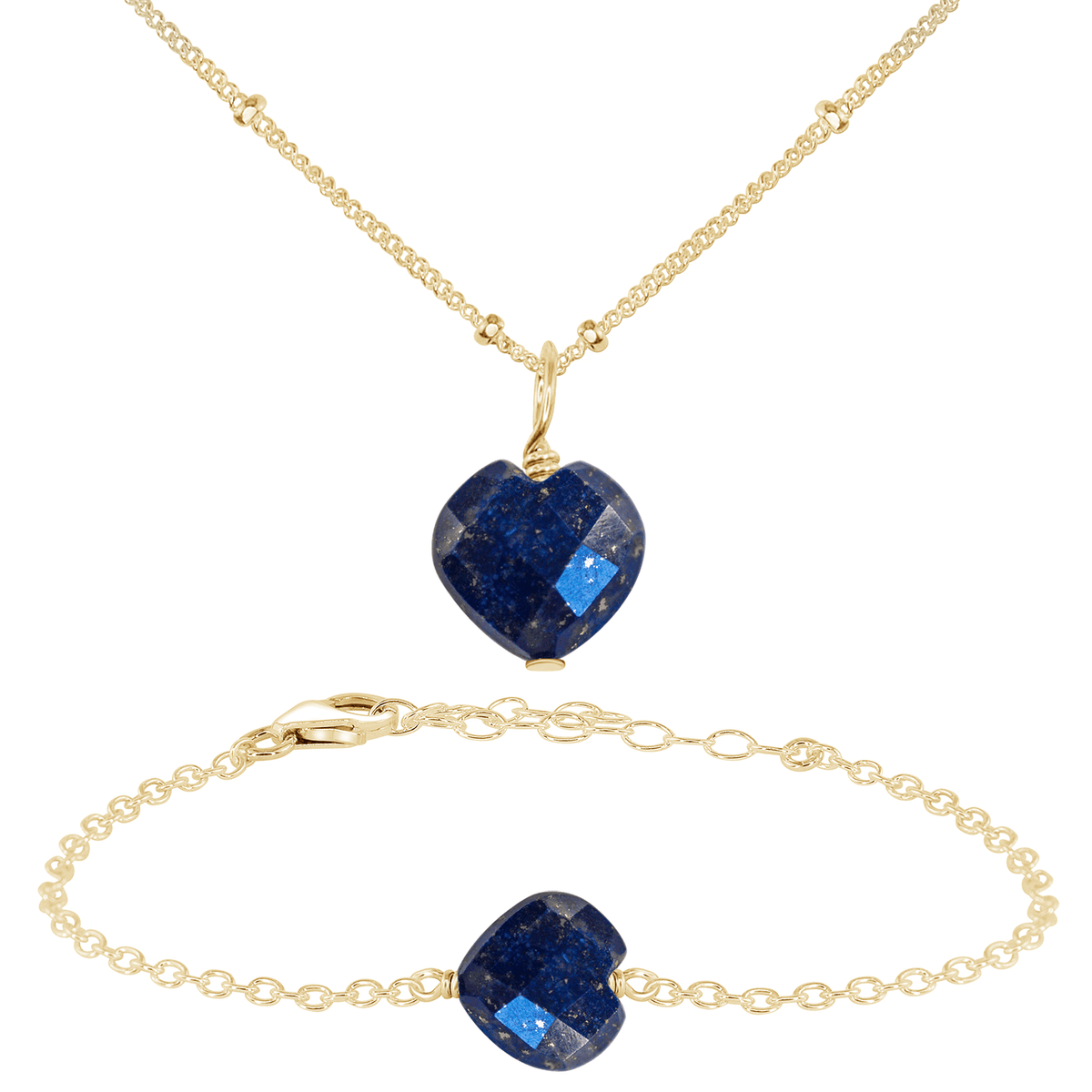 Lapis Lazuli Crystal Heart Jewellery Set - Lapis Lazuli Crystal Heart Jewellery Set - 14k Gold Fill / Satellite / Necklace & Bracelet - Luna Tide Handmade Crystal Jewellery