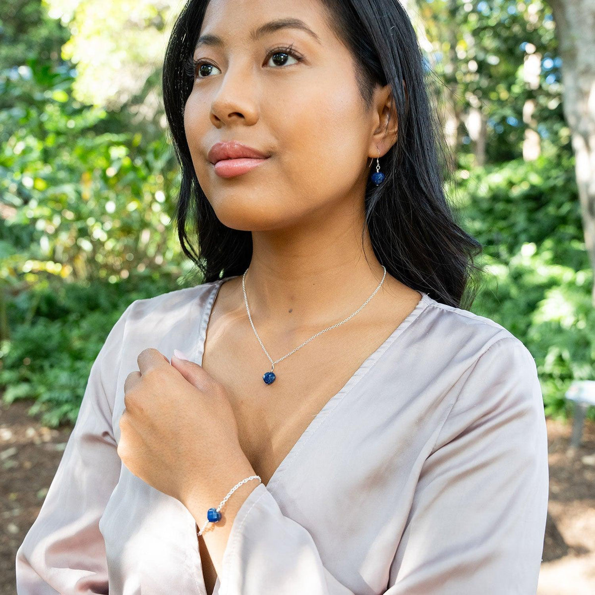 Lapis Lazuli Crystal Heart Jewellery Set - Lapis Lazuli Crystal Heart Jewellery Set - Sterling Silver / Cable / Necklace & Earrings & Bracelet - Luna Tide Handmade Crystal Jewellery