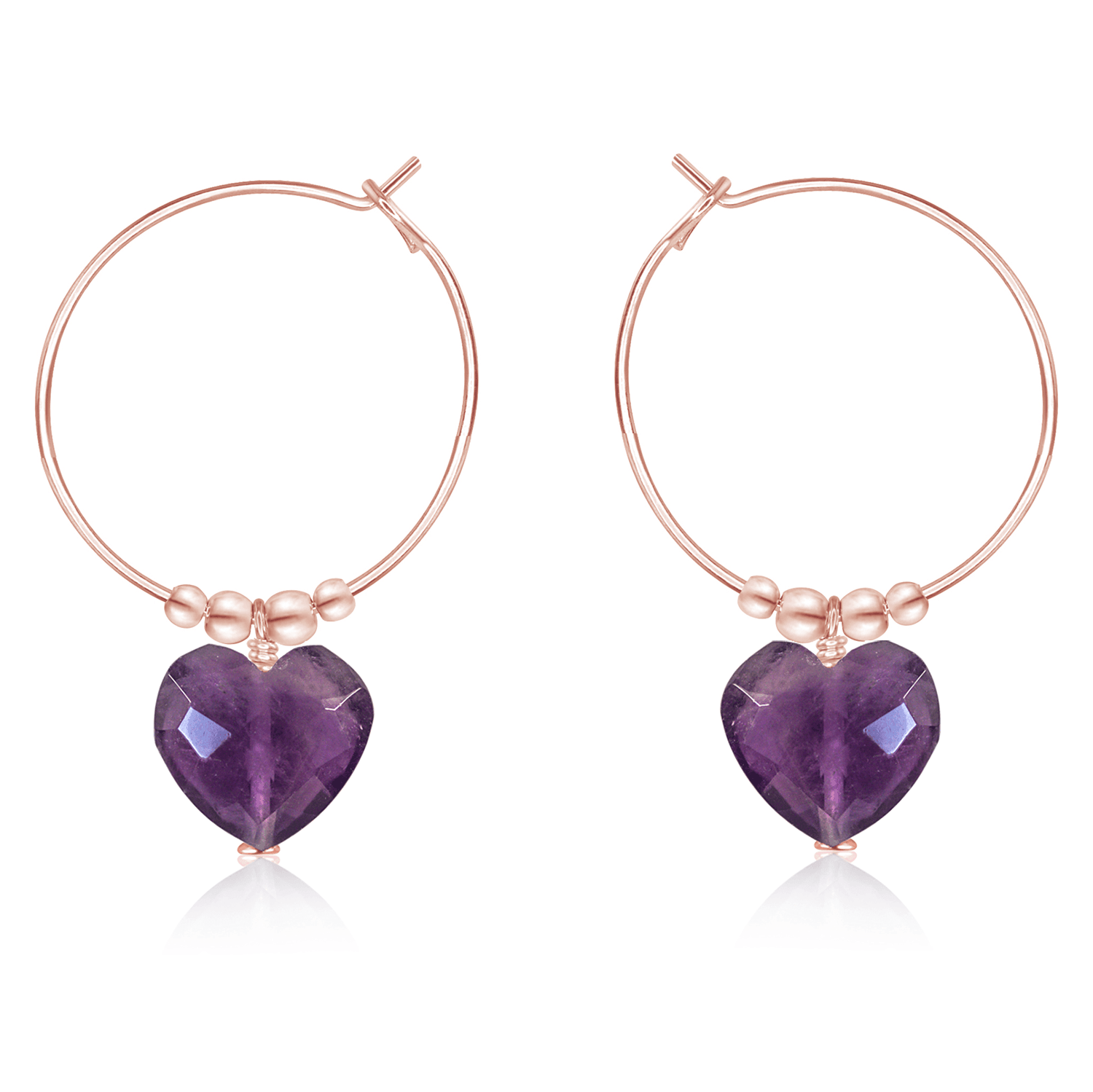 Amethyst Crystal Heart Dangle Hoop Earrings - Amethyst Crystal Heart Dangle Hoop Earrings - 14k Rose Gold Fill - Luna Tide Handmade Crystal Jewellery