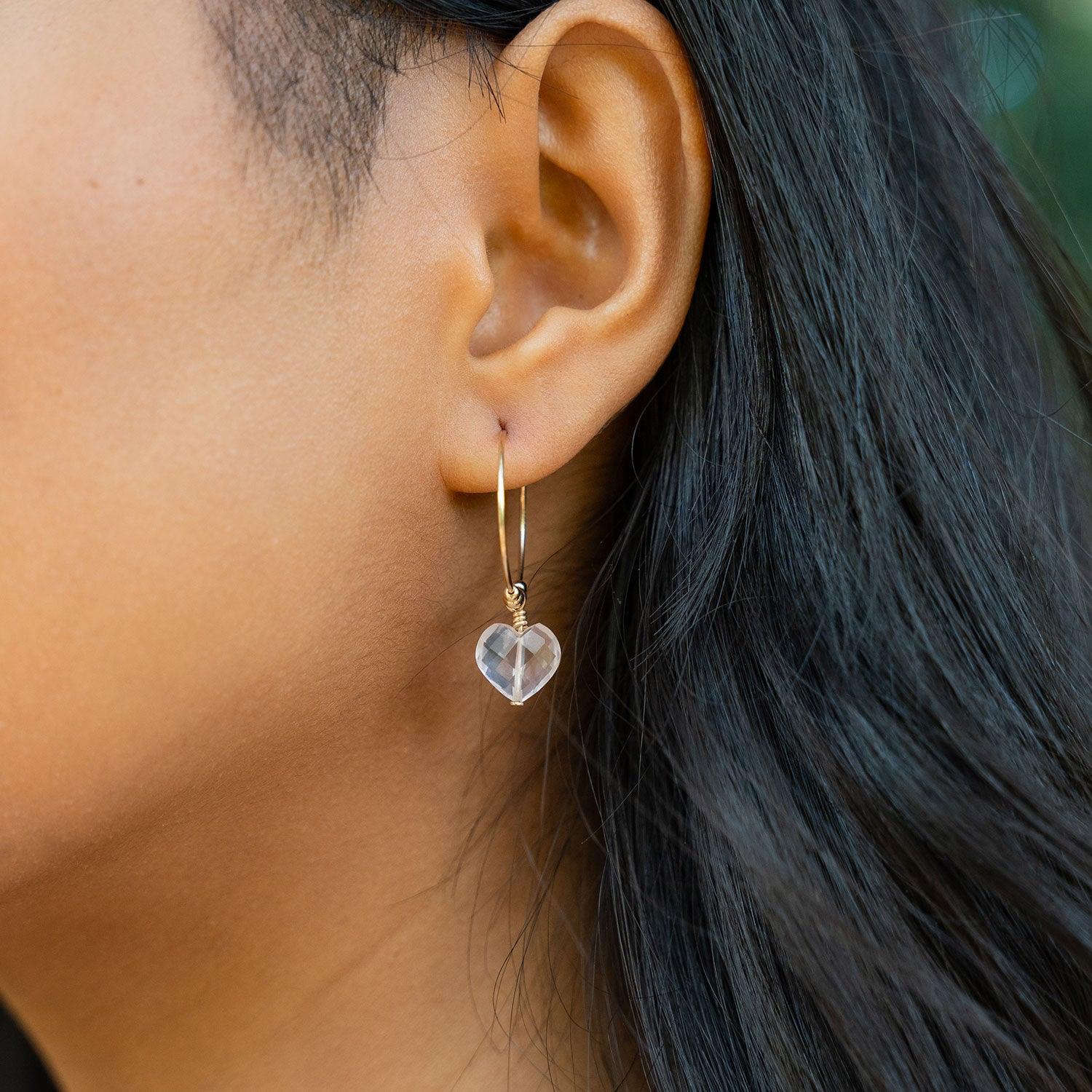 Rose Quartz Crystal Heart Dangle Hoop Earrings - Rose Quartz Crystal Heart Dangle Hoop Earrings - 14k Gold Fill - Luna Tide Handmade Crystal Jewellery