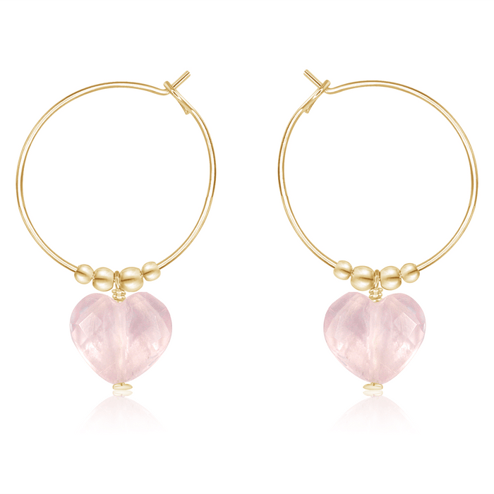 Rose Quartz Crystal Heart Dangle Hoop Earrings - Rose Quartz Crystal Heart Dangle Hoop Earrings - 14k Gold Fill - Luna Tide Handmade Crystal Jewellery