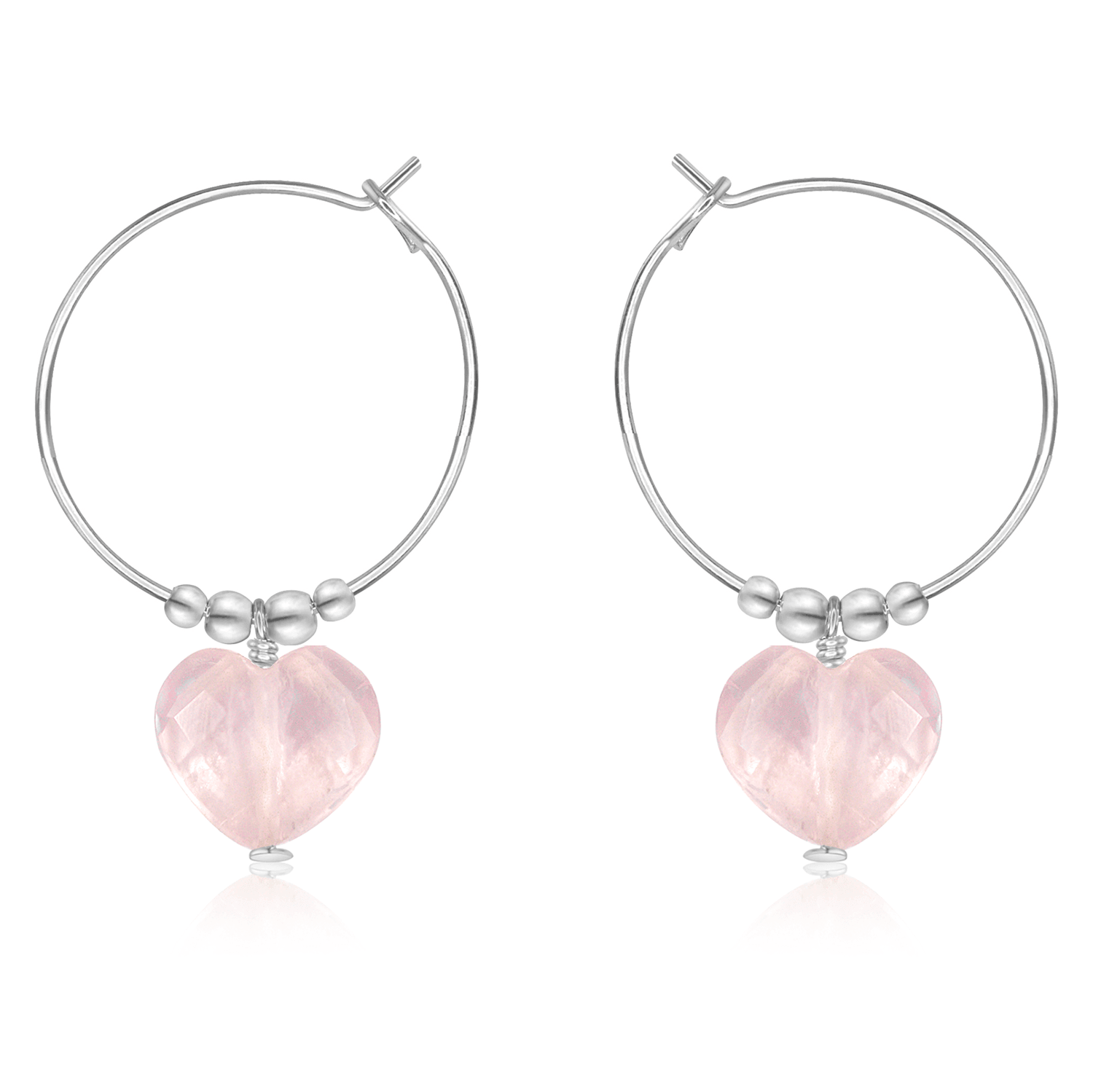 Rose Quartz Crystal Heart Dangle Hoop Earrings - Rose Quartz Crystal Heart Dangle Hoop Earrings - Sterling Silver - Luna Tide Handmade Crystal Jewellery