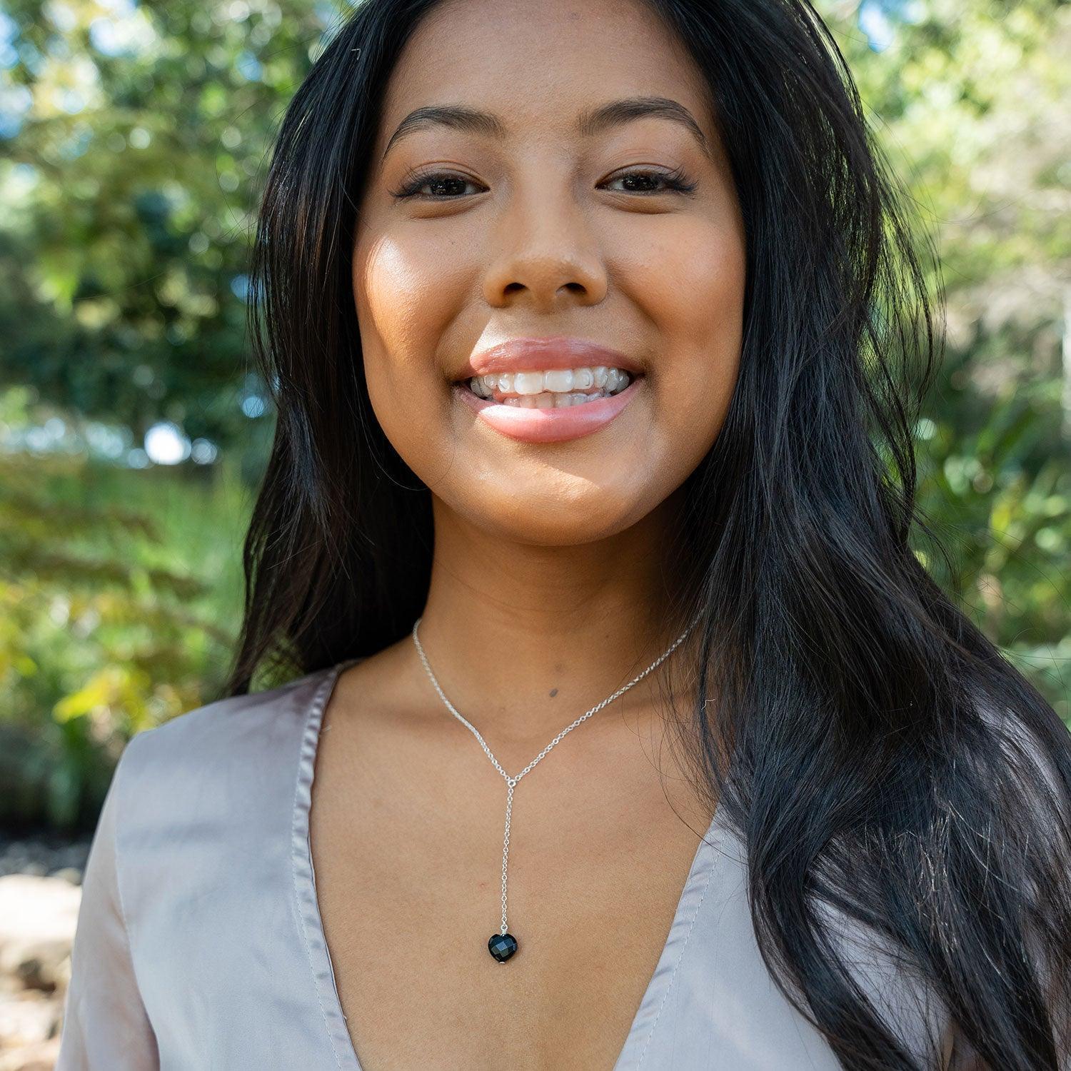 Black Onyx Crystal Heart Lariat Necklace - Black Onyx Crystal Heart Lariat Necklace - Sterling Silver - Luna Tide Handmade Crystal Jewellery