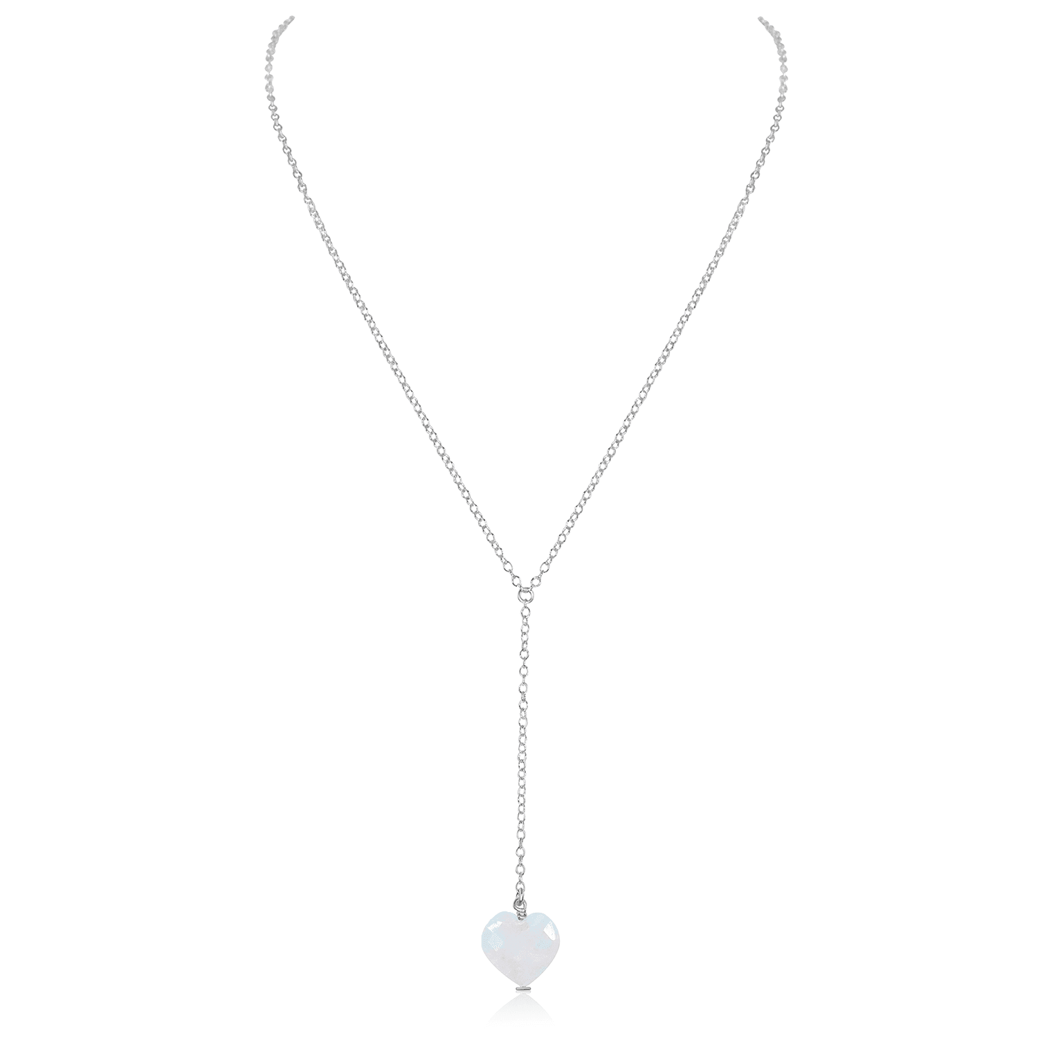Rainbow Moonstone Crystal Heart Lariat Necklace - Rainbow Moonstone Crystal Heart Lariat Necklace - Sterling Silver - Luna Tide Handmade Crystal Jewellery