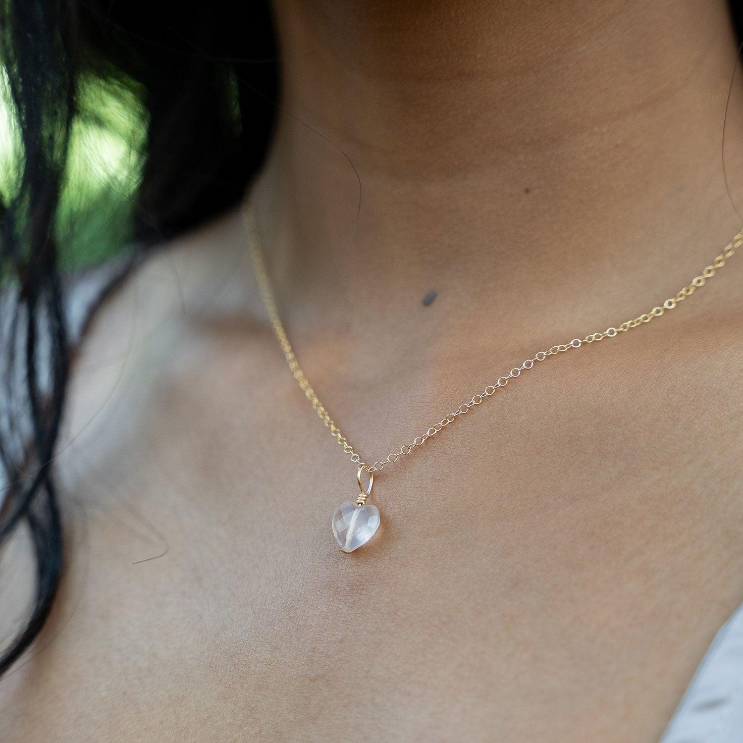 Rose Quartz Crystal Heart Pendant Necklace - Rose Quartz Crystal Heart Pendant Necklace - 14k Gold Fill / Cable - Luna Tide Handmade Crystal Jewellery
