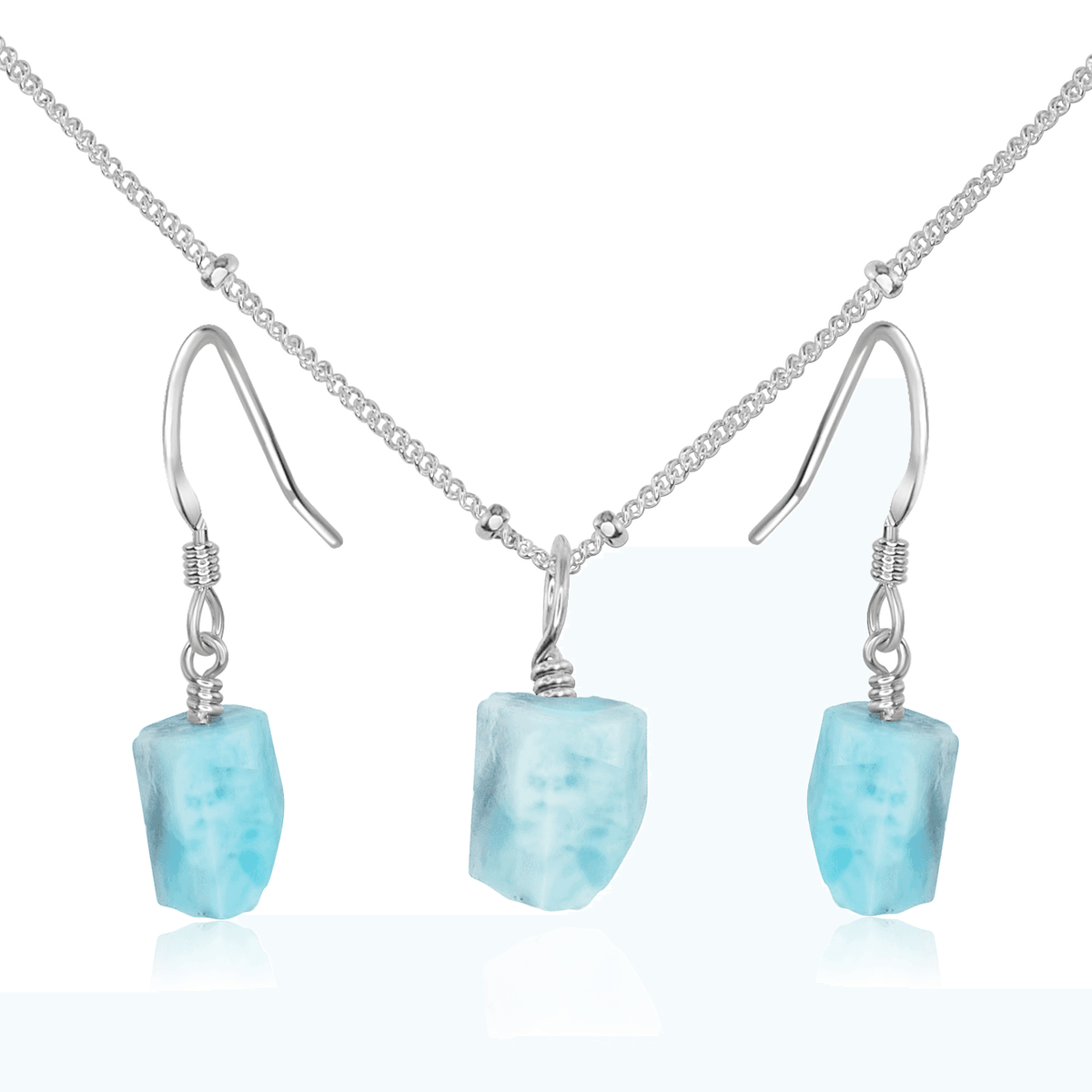 Raw Larimar Crystal Jewellery Set - Raw Larimar Crystal Jewellery Set - Sterling Silver / Satellite / Necklace & Earrings - Luna Tide Handmade Crystal Jewellery