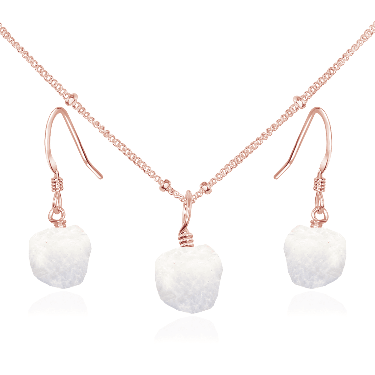 Raw Rainbow Moonstone Crystal Earrings & Necklace Set - Raw Rainbow Moonstone Crystal Earrings & Necklace Set - 14k Rose Gold Fill / Satellite - Luna Tide Handmade Crystal Jewellery