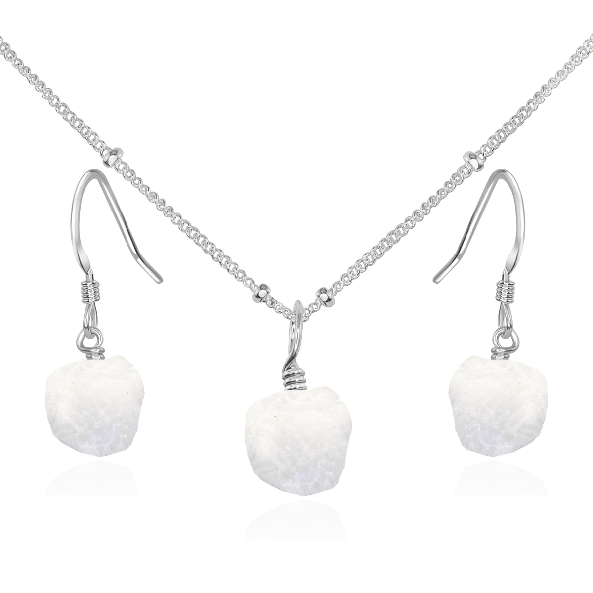 Raw Rainbow Moonstone Crystal Earrings & Necklace Set - Raw Rainbow Moonstone Crystal Earrings & Necklace Set - Sterling Silver / Satellite - Luna Tide Handmade Crystal Jewellery