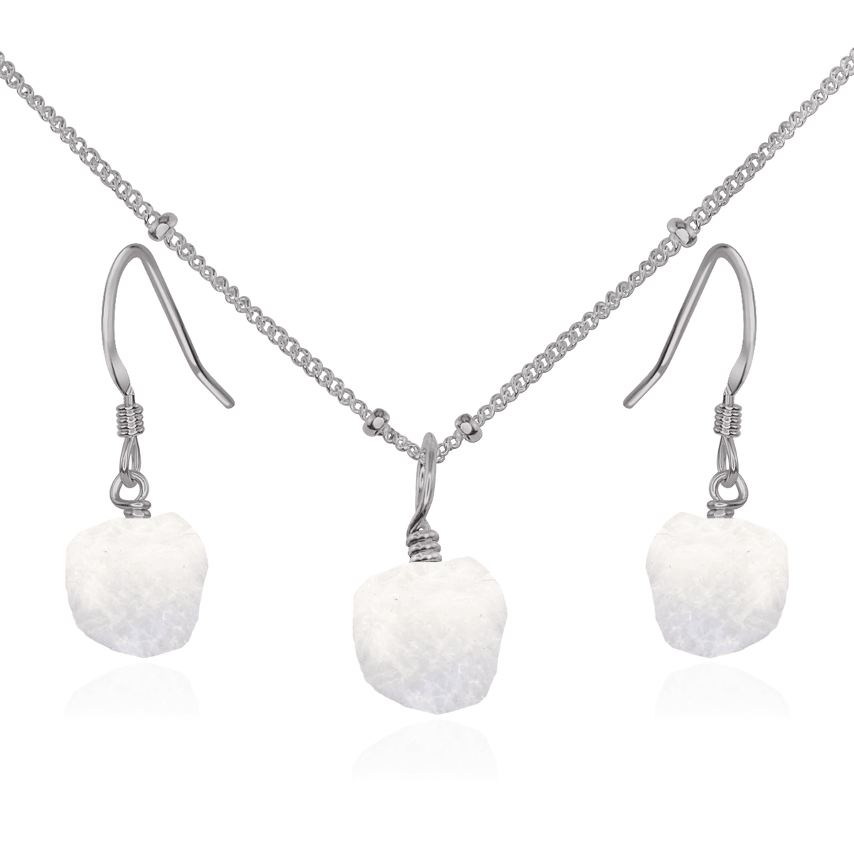 Raw Rainbow Moonstone Crystal Earrings & Necklace Set - Raw Rainbow Moonstone Crystal Earrings & Necklace Set - Stainless Steel / Satellite - Luna Tide Handmade Crystal Jewellery