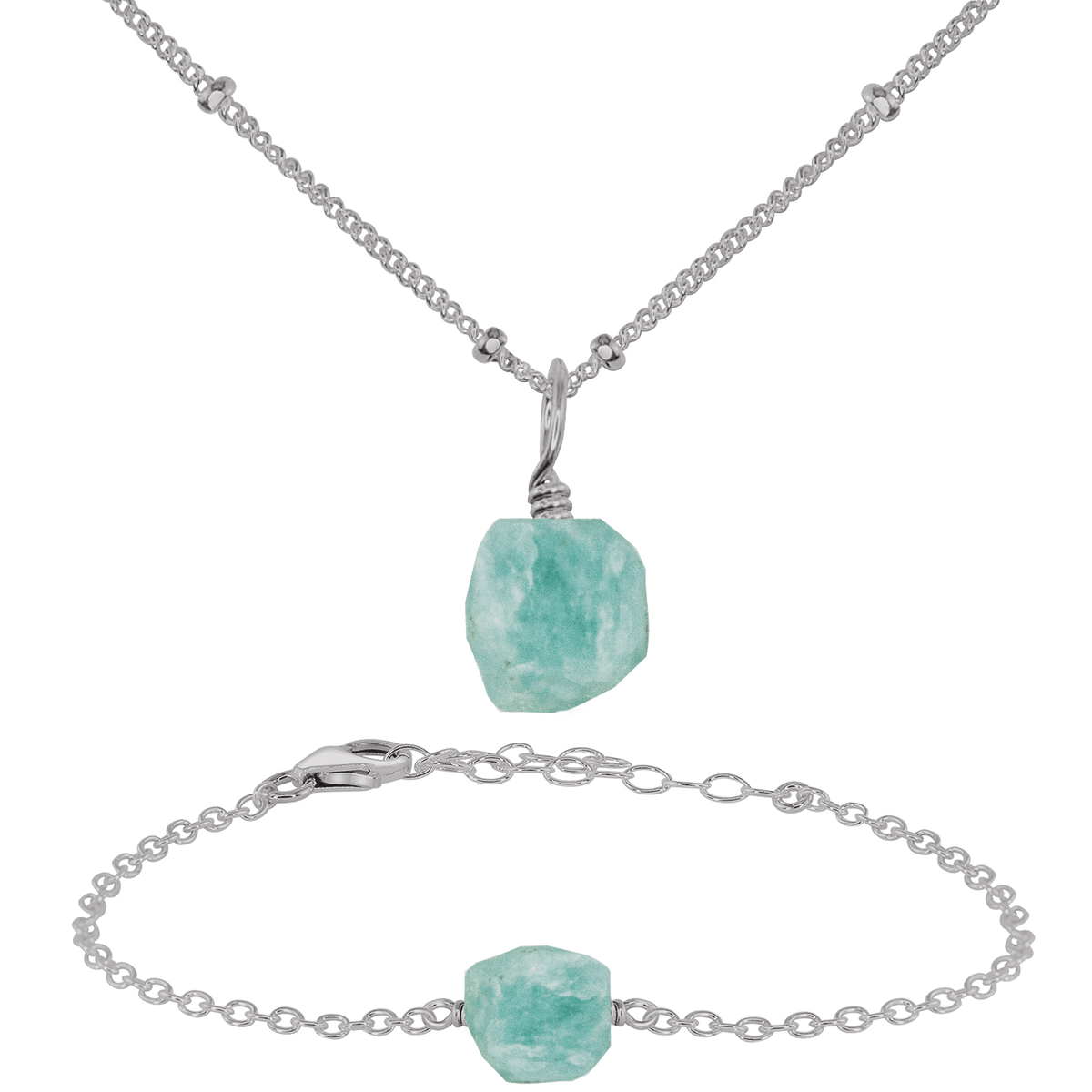 Raw Amazonite Crystal Jewellery Set - Raw Amazonite Crystal Jewellery Set - Stainless Steel / Satellite / Necklace & Bracelet - Luna Tide Handmade Crystal Jewellery