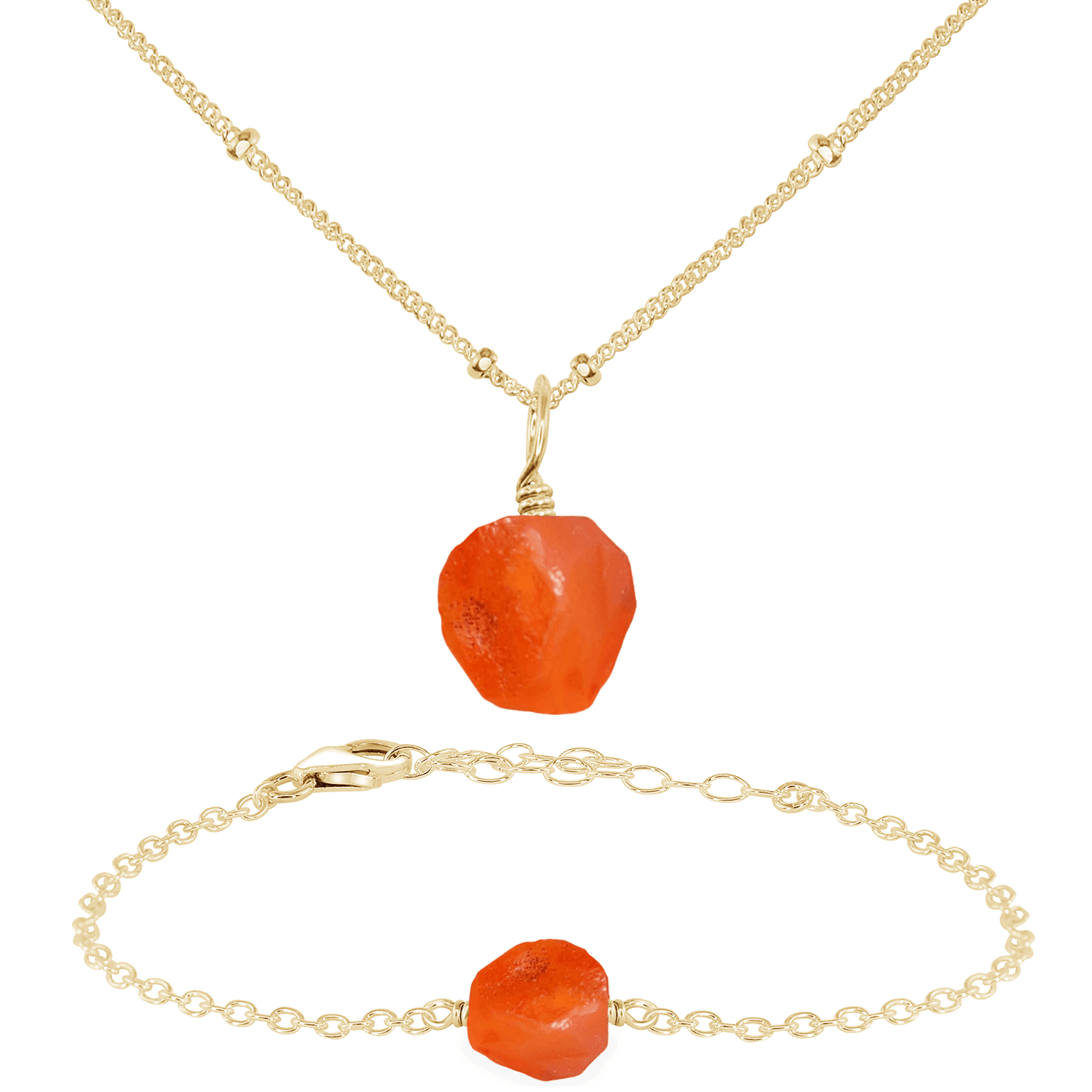 Raw Carnelian Crystal Jewellery Set - Raw Carnelian Crystal Jewellery Set - 14k Gold Fill / Satellite / Necklace & Bracelet - Luna Tide Handmade Crystal Jewellery