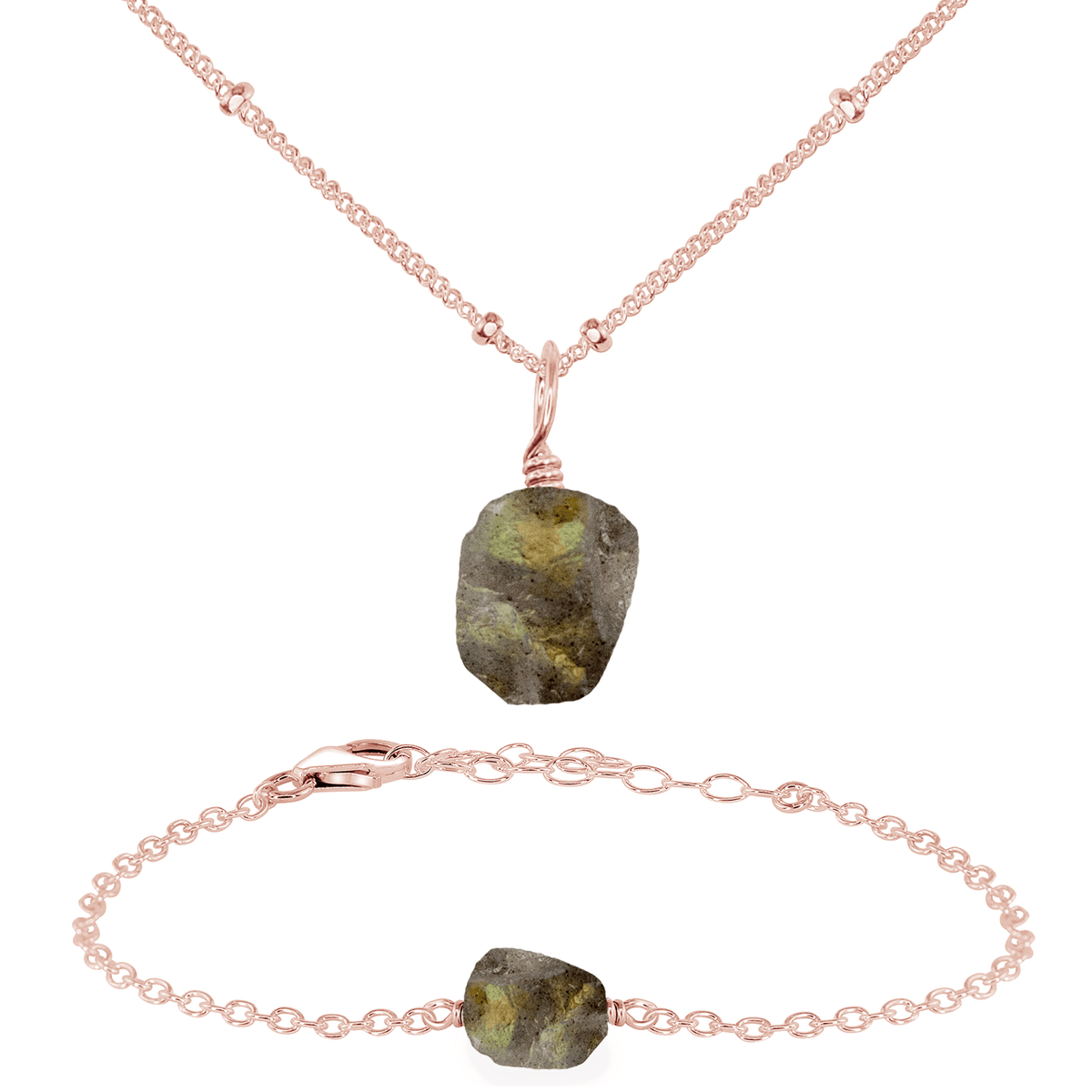 Raw Labradorite Crystal Jewellery Set - Raw Labradorite Crystal Jewellery Set - 14k Rose Gold Fill / Satellite / Necklace & Bracelet - Luna Tide Handmade Crystal Jewellery