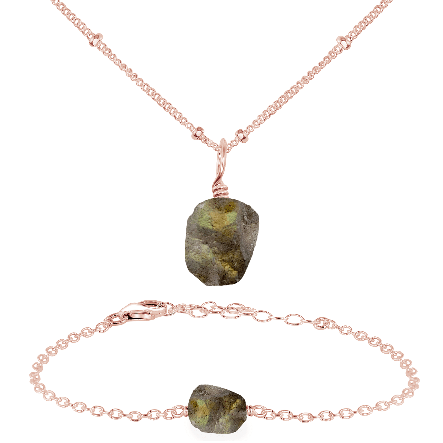 Raw Labradorite Crystal Jewellery Set - Raw Labradorite Crystal Jewellery Set - 14k Rose Gold Fill / Satellite / Necklace & Bracelet - Luna Tide Handmade Crystal Jewellery