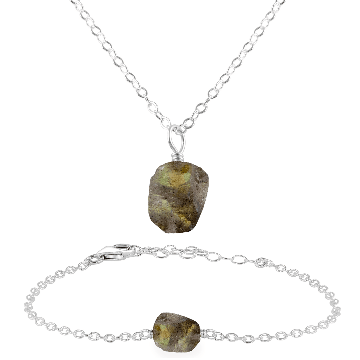 Raw Labradorite Crystal Jewellery Set - Raw Labradorite Crystal Jewellery Set - Sterling Silver / Cable / Necklace & Bracelet - Luna Tide Handmade Crystal Jewellery