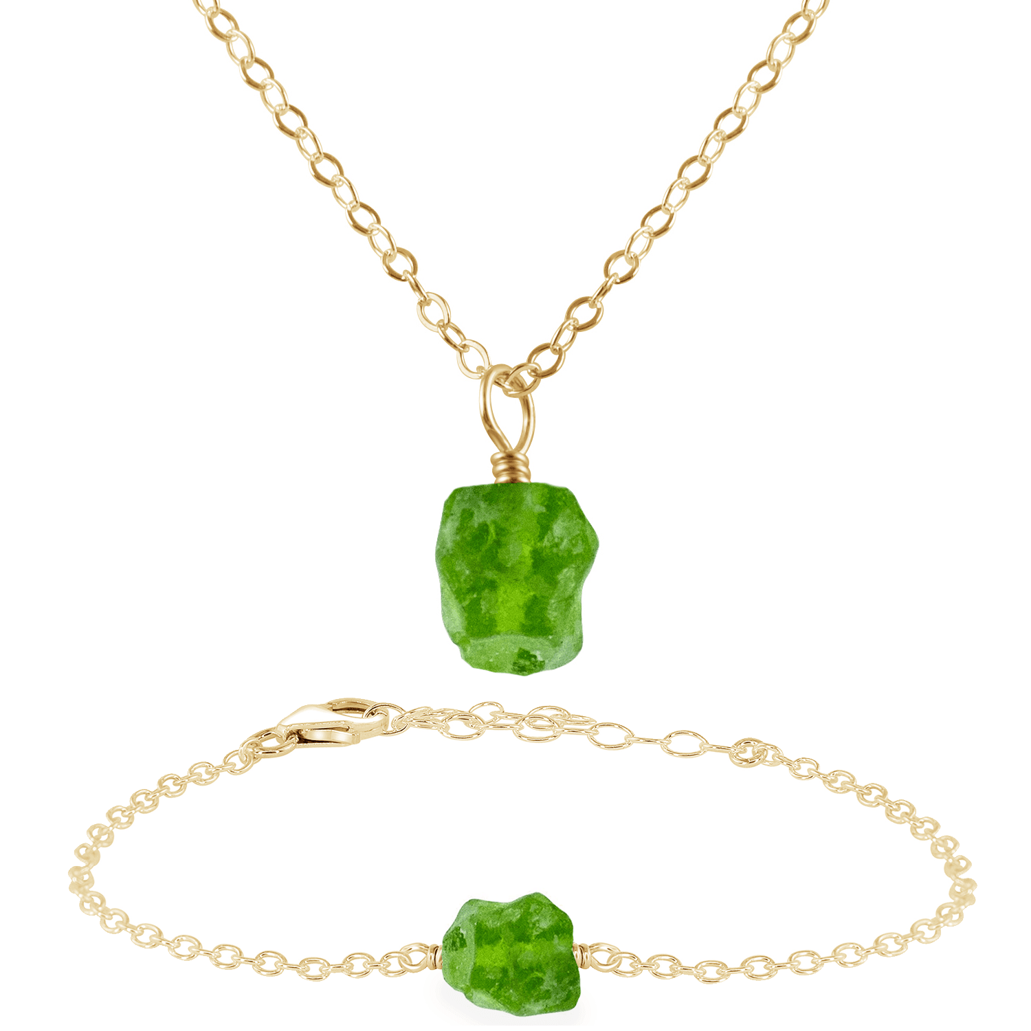 Raw Peridot Crystal Jewellery Set - Raw Peridot Crystal Jewellery Set - 14k Gold Fill / Cable / Necklace & Bracelet - Luna Tide Handmade Crystal Jewellery