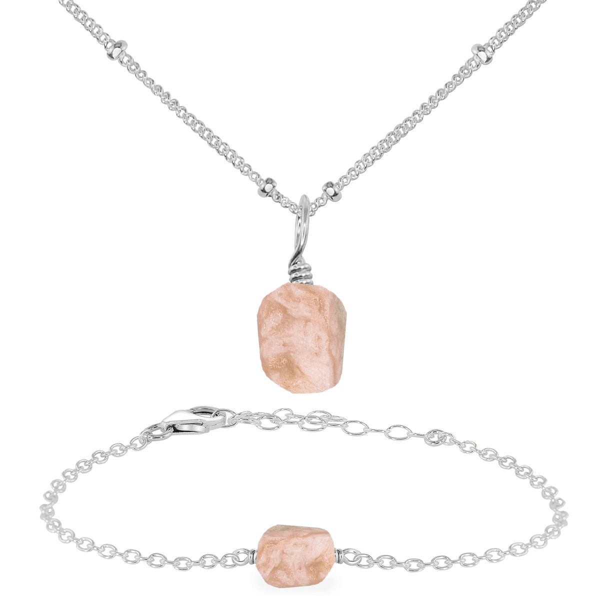 Raw Pink Peruvian Opal Crystal Jewellery Set - Raw Pink Peruvian Opal Crystal Jewellery Set - Sterling Silver / Satellite / Necklace & Bracelet - Luna Tide Handmade Crystal Jewellery