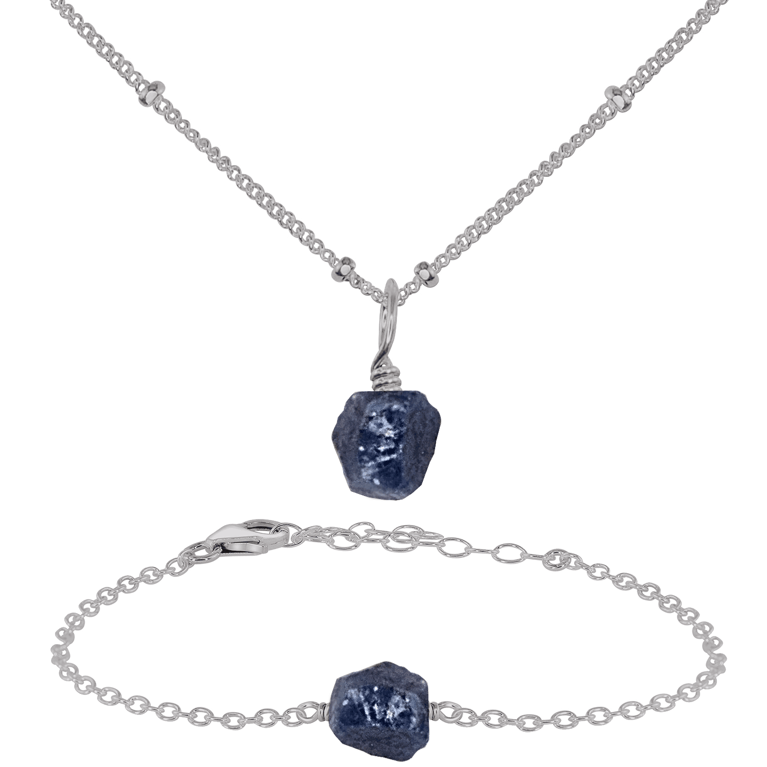 Raw Sapphire Crystal Jewellery Set - Raw Sapphire Crystal Jewellery Set - Stainless Steel / Satellite / Necklace & Bracelet - Luna Tide Handmade Crystal Jewellery