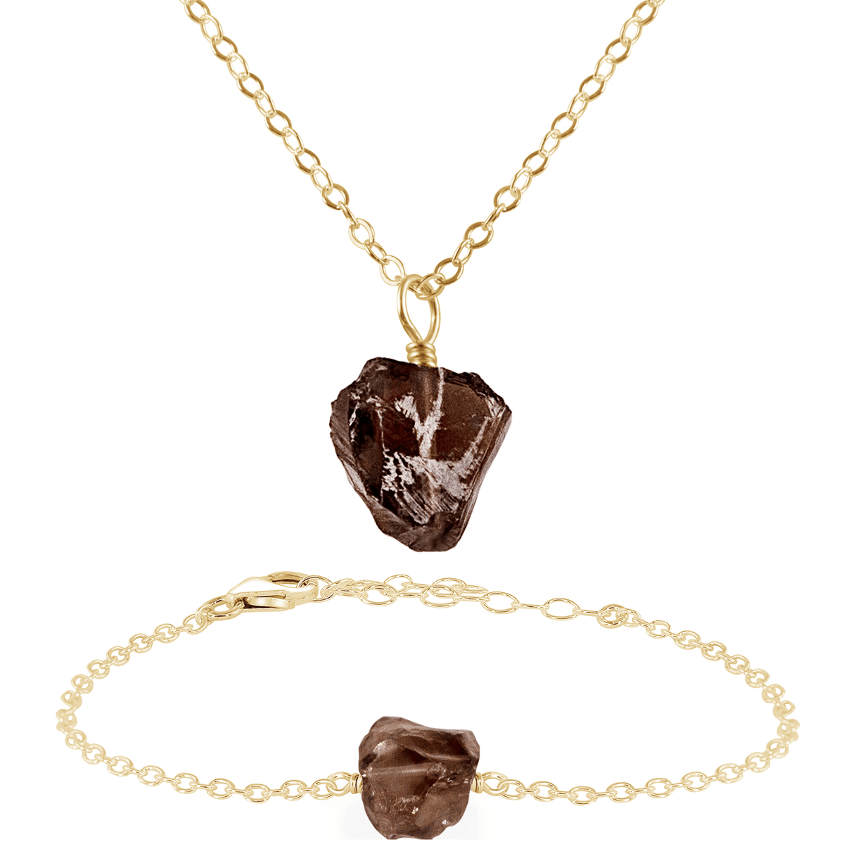 Raw Smoky Quartz Crystal Jewellery Set - Raw Smoky Quartz Crystal Jewellery Set - 14k Gold Fill / Cable / Necklace & Bracelet - Luna Tide Handmade Crystal Jewellery