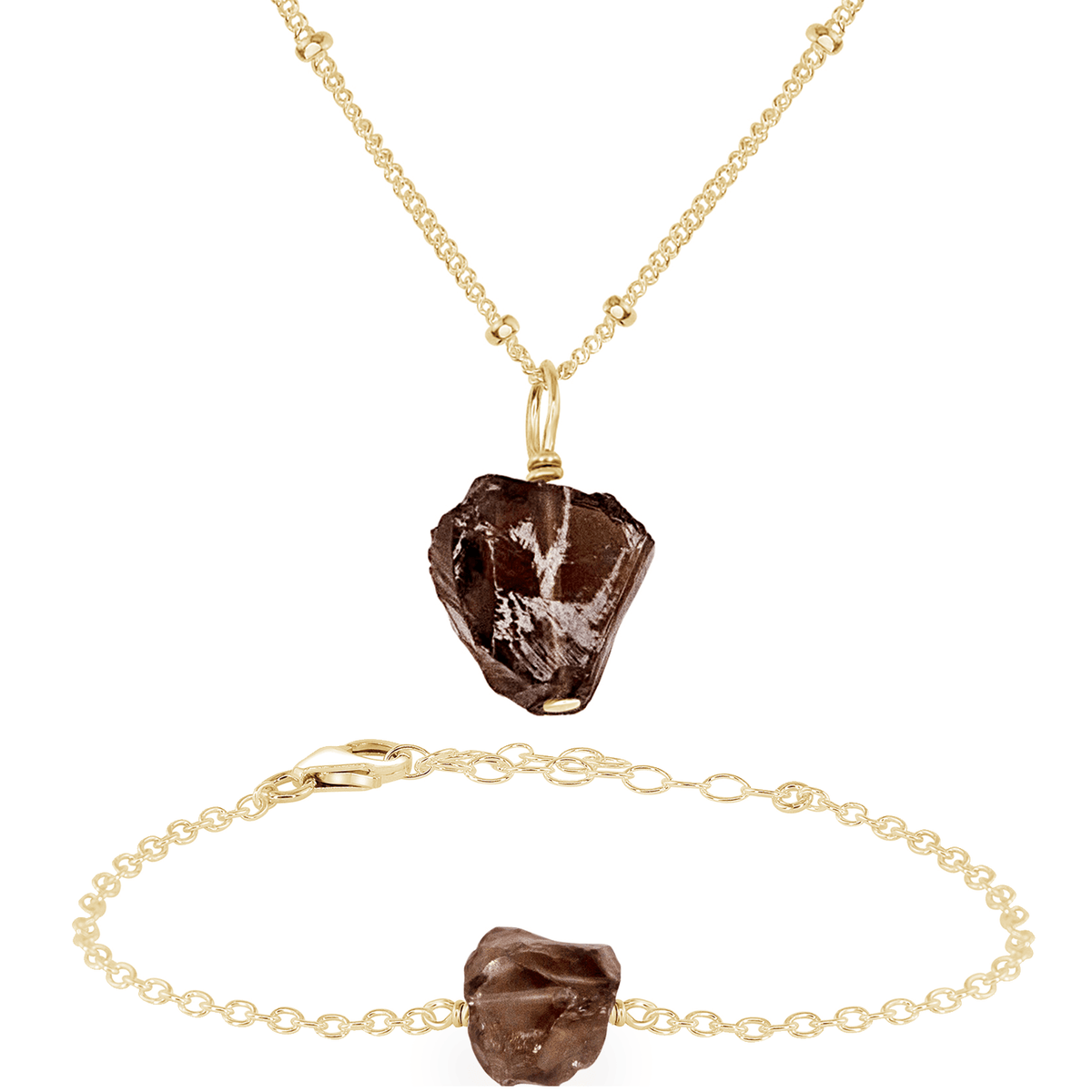 Raw Smoky Quartz Crystal Jewellery Set - Raw Smoky Quartz Crystal Jewellery Set - 14k Gold Fill / Satellite / Necklace & Bracelet - Luna Tide Handmade Crystal Jewellery