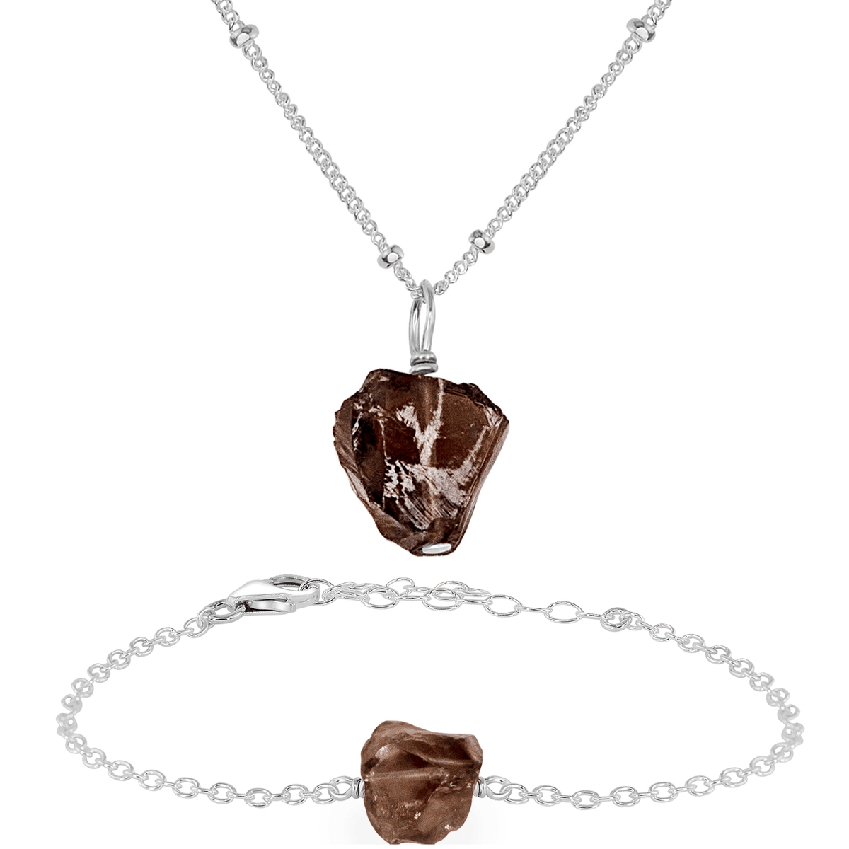 Raw Smoky Quartz Crystal Jewellery Set - Raw Smoky Quartz Crystal Jewellery Set - Sterling Silver / Satellite / Necklace & Bracelet - Luna Tide Handmade Crystal Jewellery
