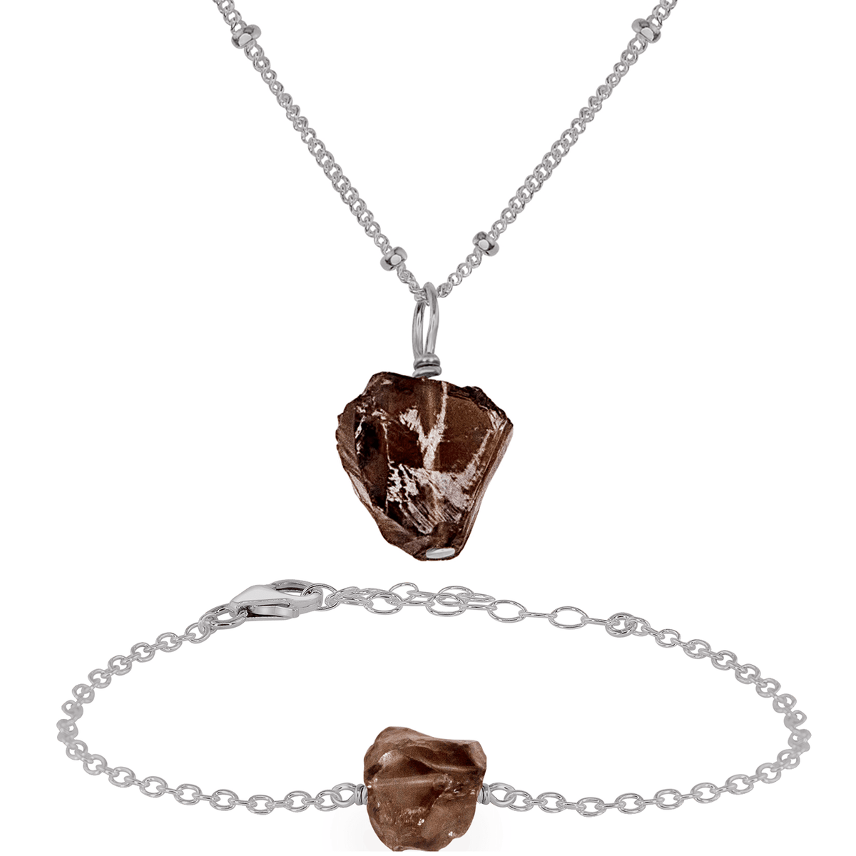 Raw Smoky Quartz Crystal Jewellery Set - Raw Smoky Quartz Crystal Jewellery Set - Stainless Steel / Satellite / Necklace & Bracelet - Luna Tide Handmade Crystal Jewellery