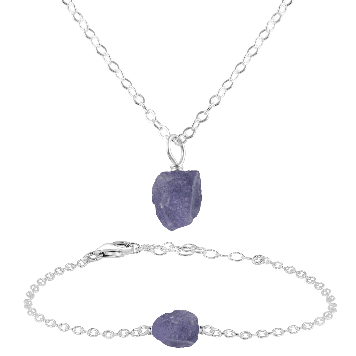 Raw Tanzanite Crystal Jewellery Set - Raw Tanzanite Crystal Jewellery Set - Sterling Silver / Cable / Necklace & Bracelet - Luna Tide Handmade Crystal Jewellery
