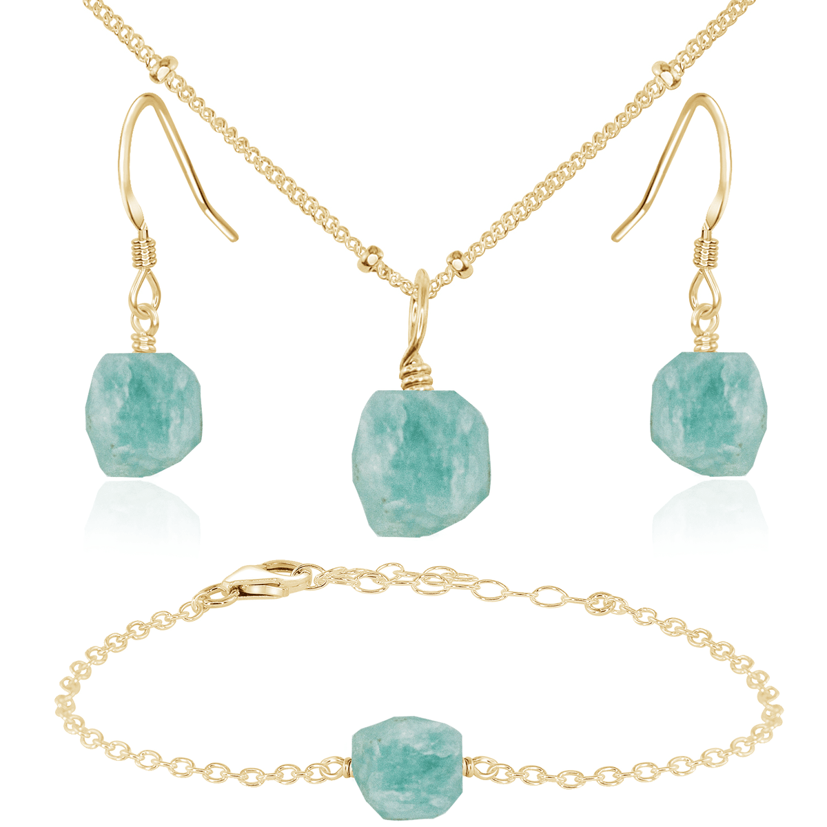 Raw Amazonite Crystal Jewellery Set - Raw Amazonite Crystal Jewellery Set - 14k Gold Fill / Satellite / Necklace & Earrings & Bracelet - Luna Tide Handmade Crystal Jewellery