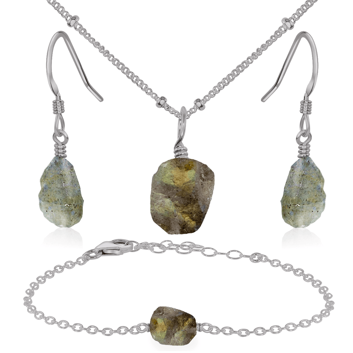 Raw Labradorite Crystal Jewellery Set - Raw Labradorite Crystal Jewellery Set - Stainless Steel / Satellite / Necklace & Earrings & Bracelet - Luna Tide Handmade Crystal Jewellery