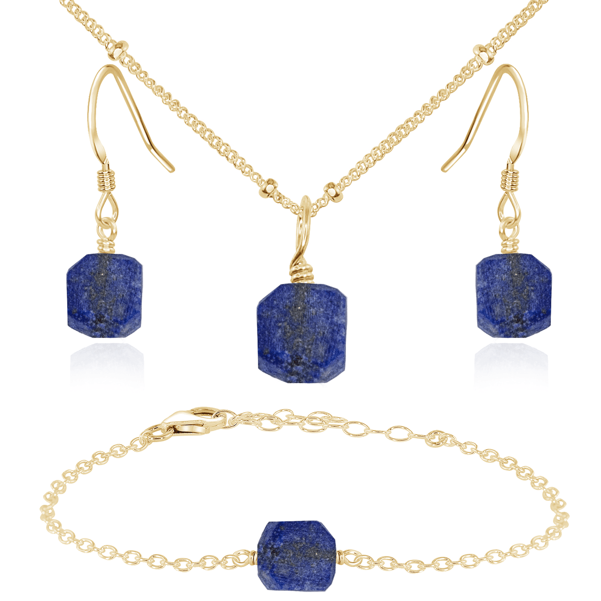 Raw Lapis Lazuli Crystal Jewellery Set - Raw Lapis Lazuli Crystal Jewellery Set - 14k Gold Fill / Satellite / Necklace & Earrings & Bracelet - Luna Tide Handmade Crystal Jewellery