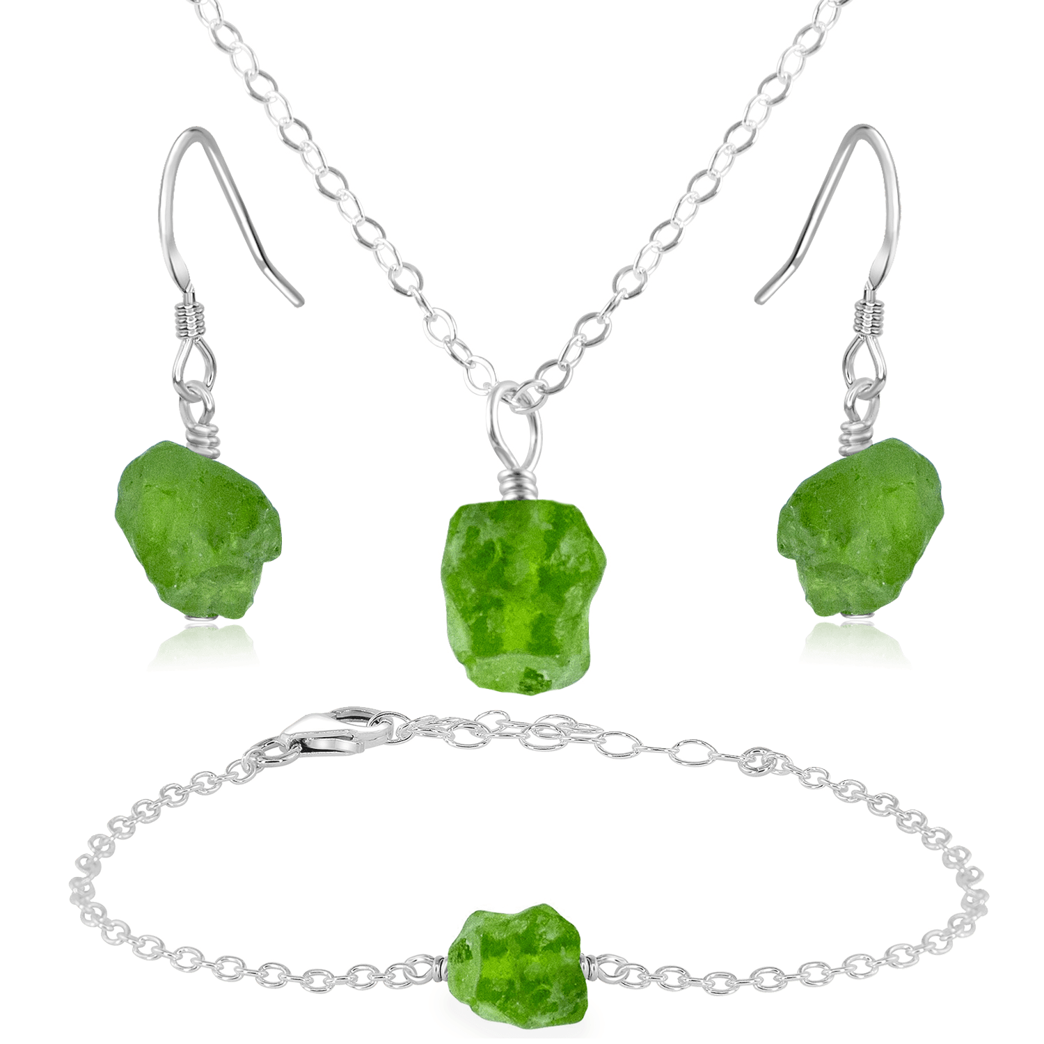 Raw Peridot Crystal Jewellery Set - Raw Peridot Crystal Jewellery Set - Sterling Silver / Cable / Necklace & Earrings & Bracelet - Luna Tide Handmade Crystal Jewellery