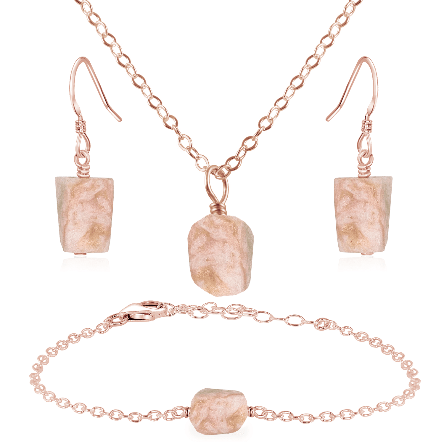 Raw Pink Peruvian Opal Crystal Jewellery Set - Raw Pink Peruvian Opal Crystal Jewellery Set - 14k Rose Gold Fill / Cable / Necklace & Earrings & Bracelet - Luna Tide Handmade Crystal Jewellery