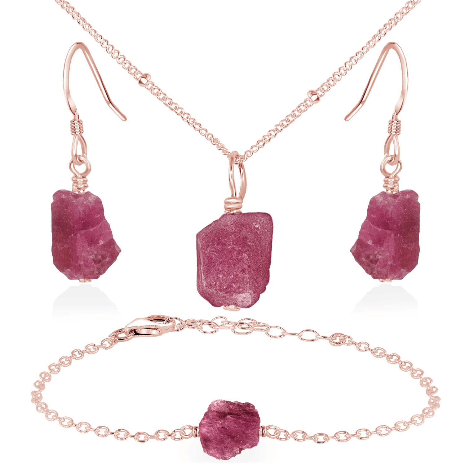 Raw Pink Tourmaline Crystal Jewellery Set - Raw Pink Tourmaline Crystal Jewellery Set - 14k Rose Gold Fill / Satellite / Necklace & Earrings & Bracelet - Luna Tide Handmade Crystal Jewellery