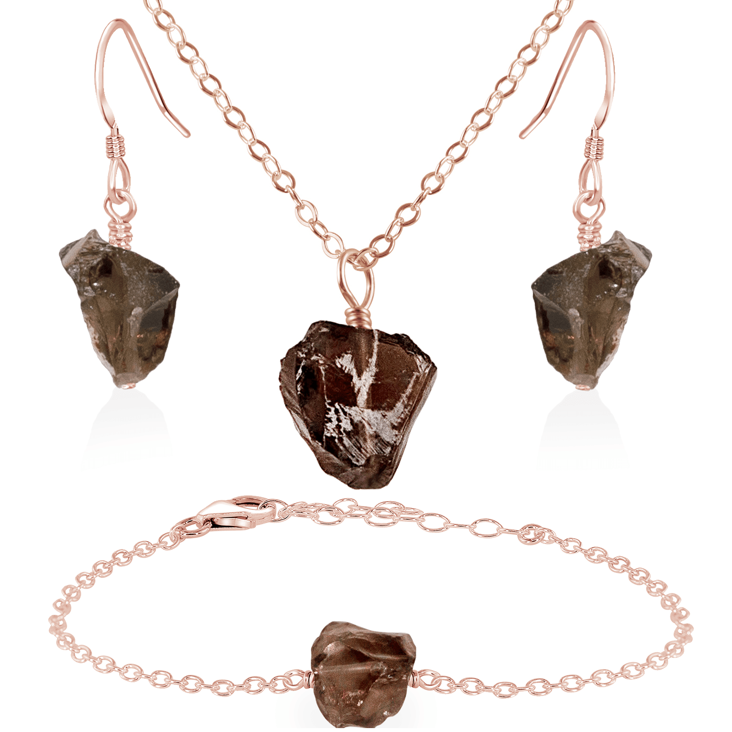 Raw Smoky Quartz Crystal Jewellery Set - Raw Smoky Quartz Crystal Jewellery Set - 14k Rose Gold Fill / Cable / Necklace & Earrings & Bracelet - Luna Tide Handmade Crystal Jewellery