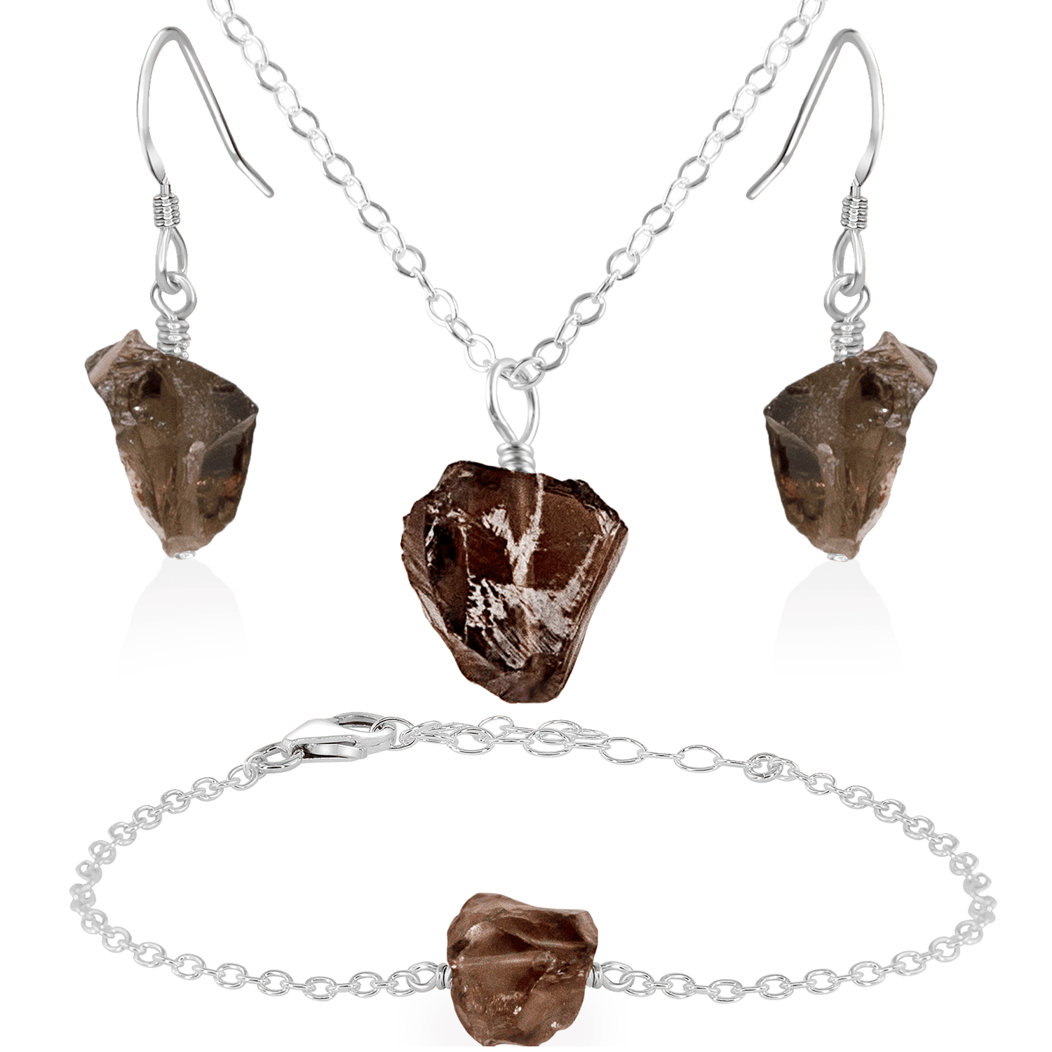 Raw Smoky Quartz Crystal Jewellery Set - Raw Smoky Quartz Crystal Jewellery Set - Sterling Silver / Cable / Necklace & Earrings & Bracelet - Luna Tide Handmade Crystal Jewellery