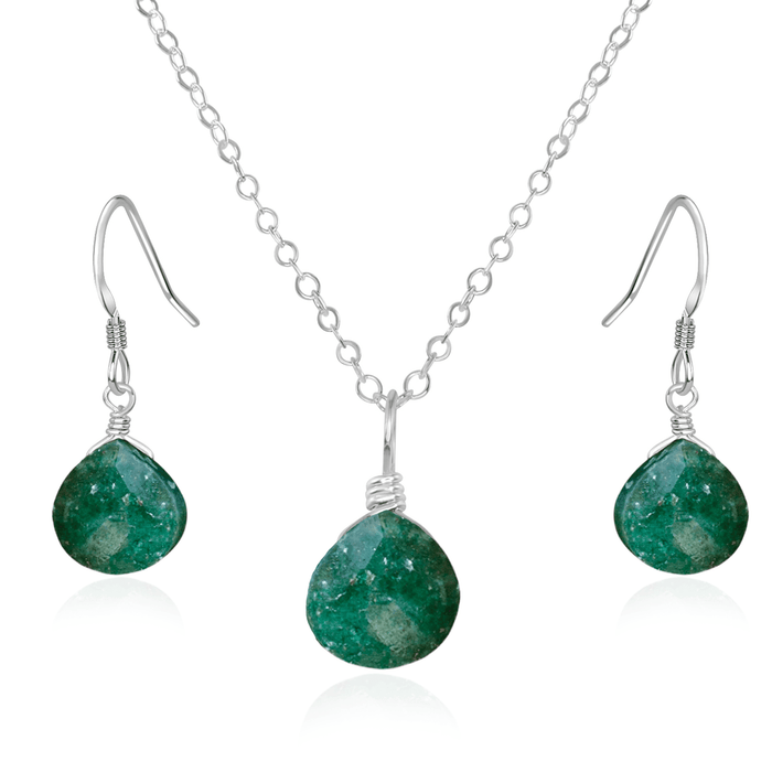 Aventurine Tiny Teardrop Earrings & Necklace Set - Aventurine Tiny Teardrop Earrings & Necklace Set - Sterling Silver / Cable - Luna Tide Handmade Crystal Jewellery