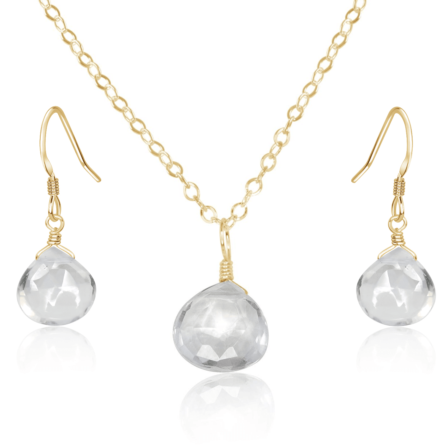 Crystal Quartz Tiny Teardrop Earrings & Necklace Set - Crystal Quartz Tiny Teardrop Earrings & Necklace Set - 14k Gold Fill / Cable - Luna Tide Handmade Crystal Jewellery