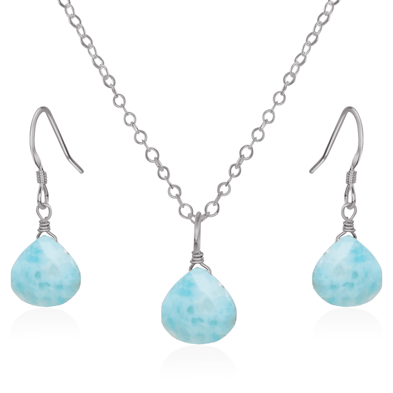 Larimar Tiny Teardrop Earrings & Necklace Set - Larimar Tiny Teardrop Earrings & Necklace Set - Stainless Steel / Cable - Luna Tide Handmade Crystal Jewellery