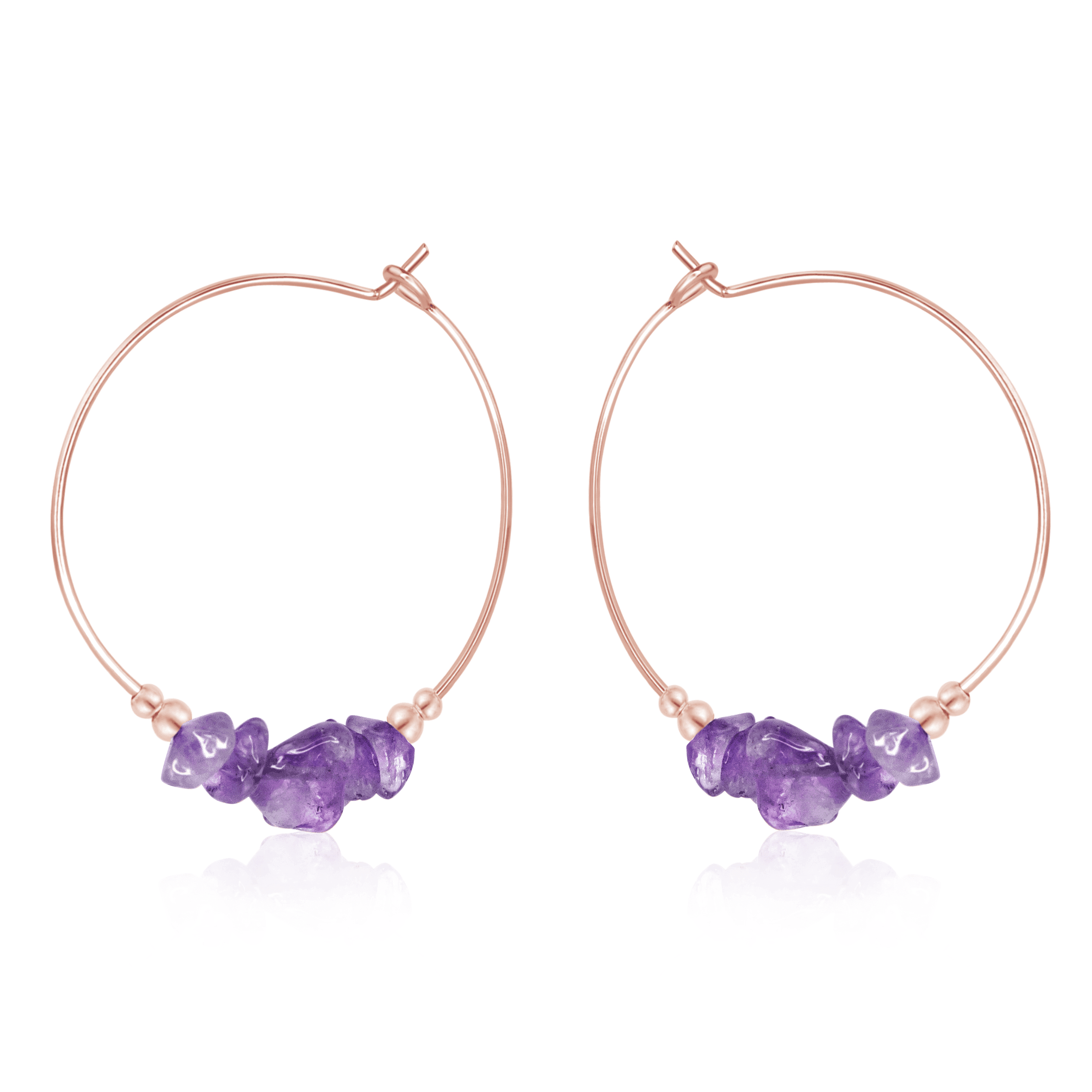 Amethyst Crystal Chip Large Hoop Earrings - Amethyst Crystal Chip Large Hoop Earrings - 14k Rose Gold Fill - Luna Tide Handmade Crystal Jewellery