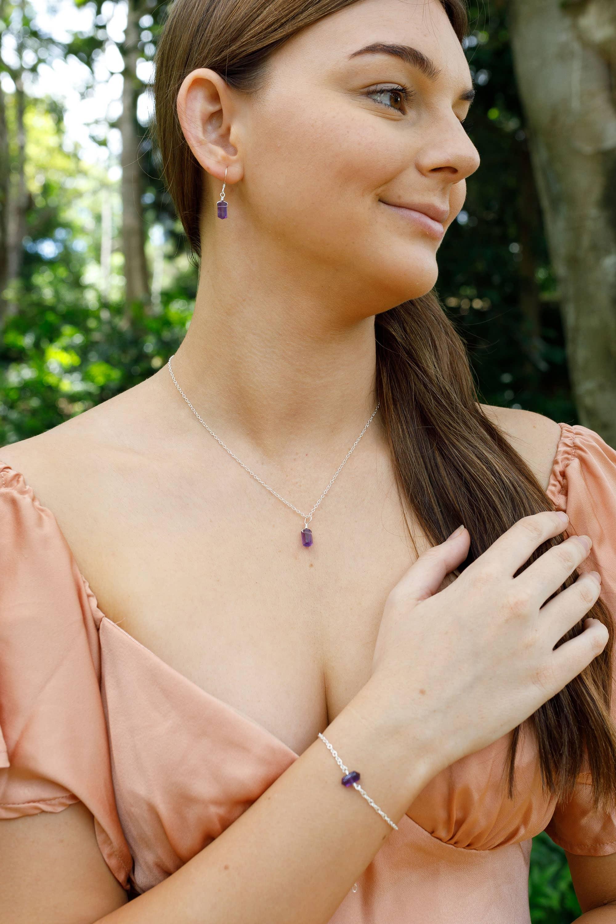 Amethyst Double Terminated Crystal Earrings, Necklace & Bracelet Set - Amethyst Double Terminated Crystal Earrings, Necklace & Bracelet Set - Sterling Silver - Luna Tide Handmade Crystal Jewellery