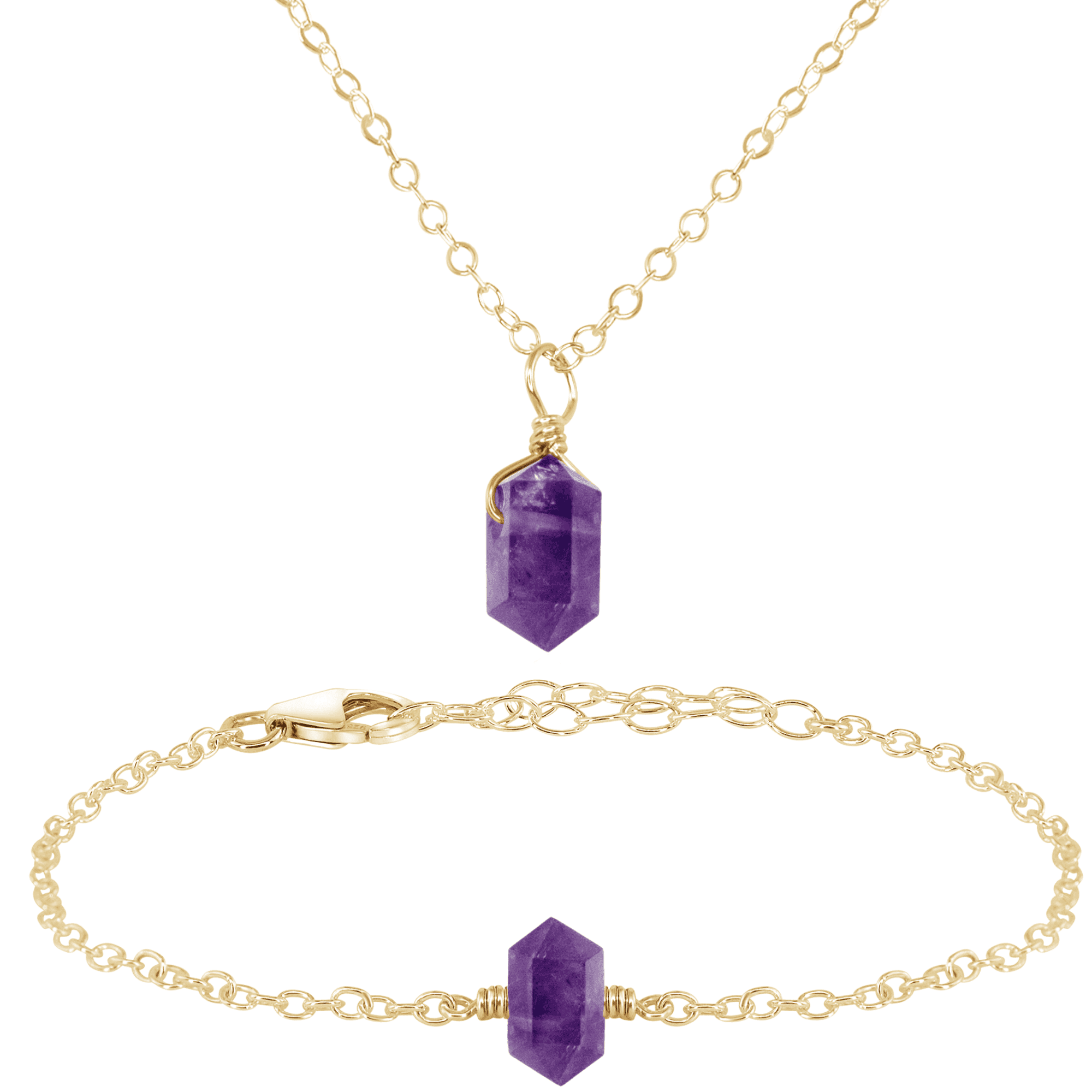 Amethyst Double Terminated Crystal Necklace & Bracelet Set - Amethyst Double Terminated Crystal Necklace & Bracelet Set - 14k Gold Fill - Luna Tide Handmade Crystal Jewellery