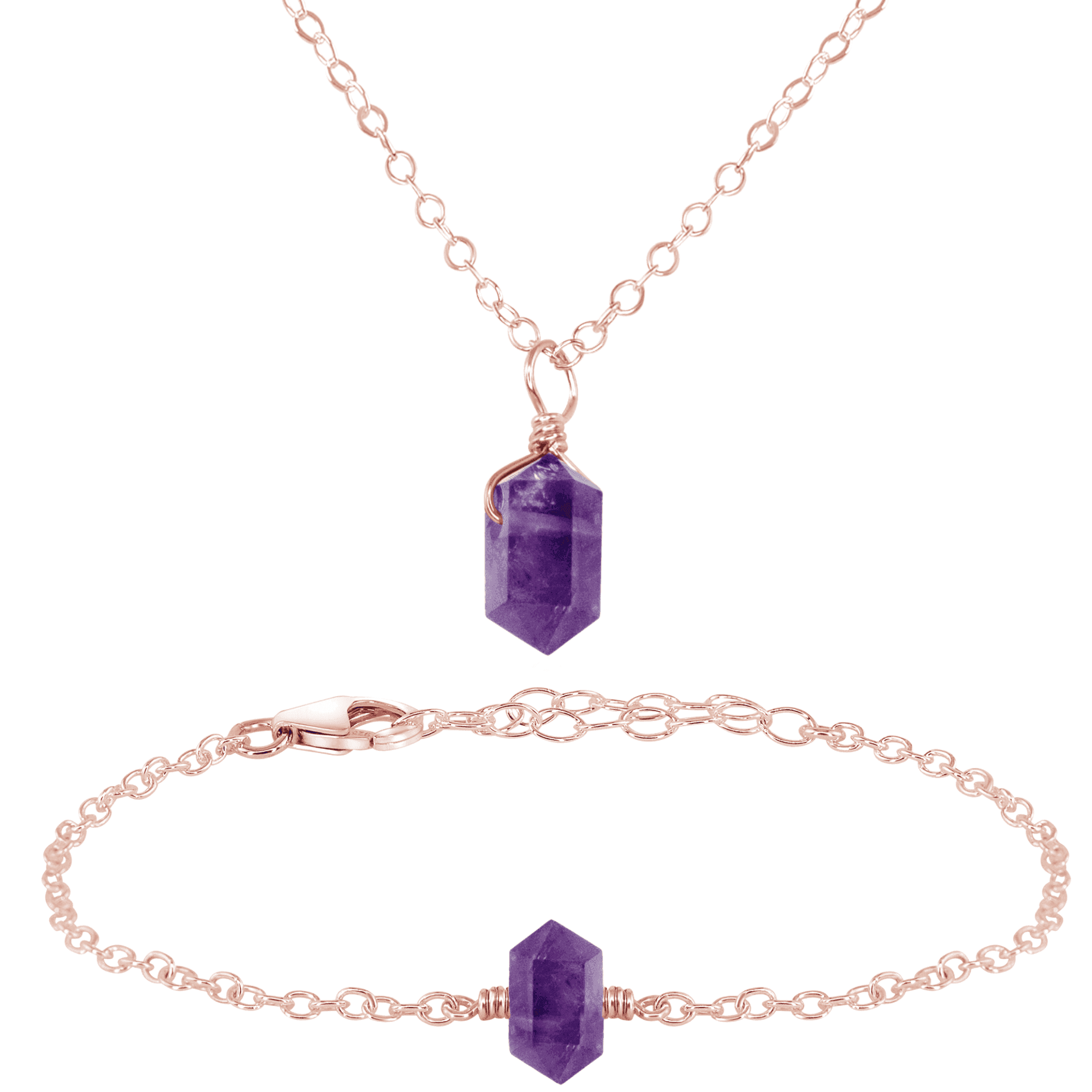Amethyst Double Terminated Crystal Necklace & Bracelet Set - Amethyst Double Terminated Crystal Necklace & Bracelet Set - 14k Rose Gold Fill - Luna Tide Handmade Crystal Jewellery