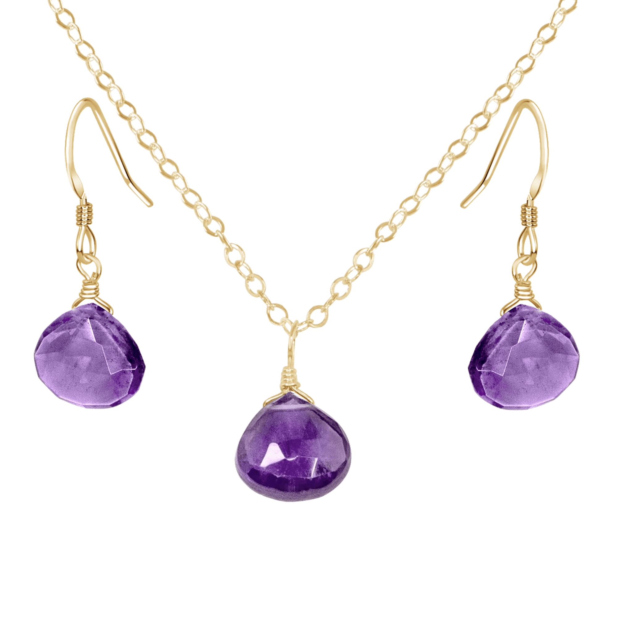 Amethyst Tiny Teardrop Earrings & Necklace Set - Amethyst Tiny Teardrop Earrings & Necklace Set - 14k Gold Fill / Cable - Luna Tide Handmade Crystal Jewellery
