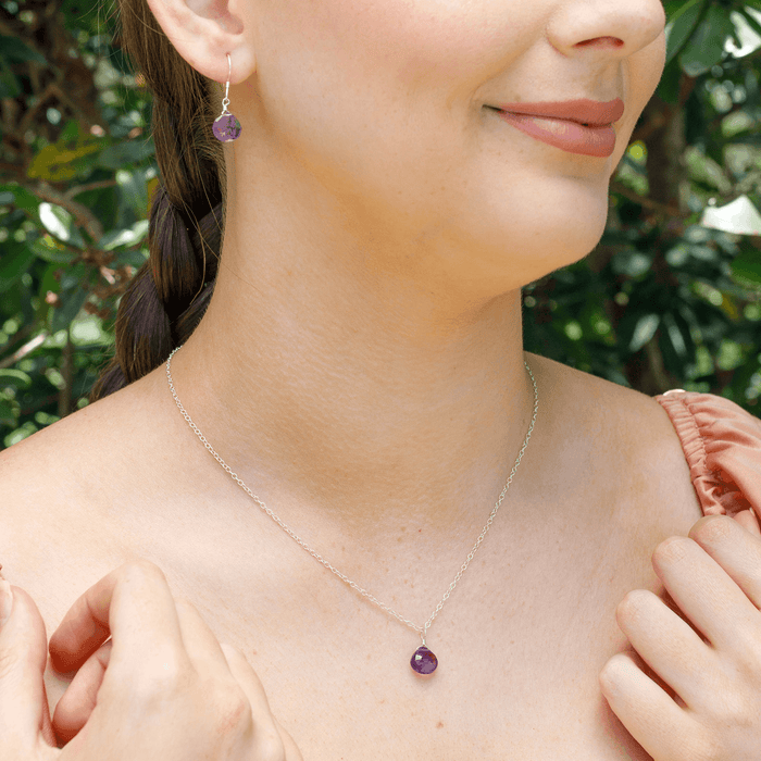 Amethyst Tiny Teardrop Earrings & Necklace Set - Amethyst Tiny Teardrop Earrings & Necklace Set - Sterling Silver / Cable - Luna Tide Handmade Crystal Jewellery